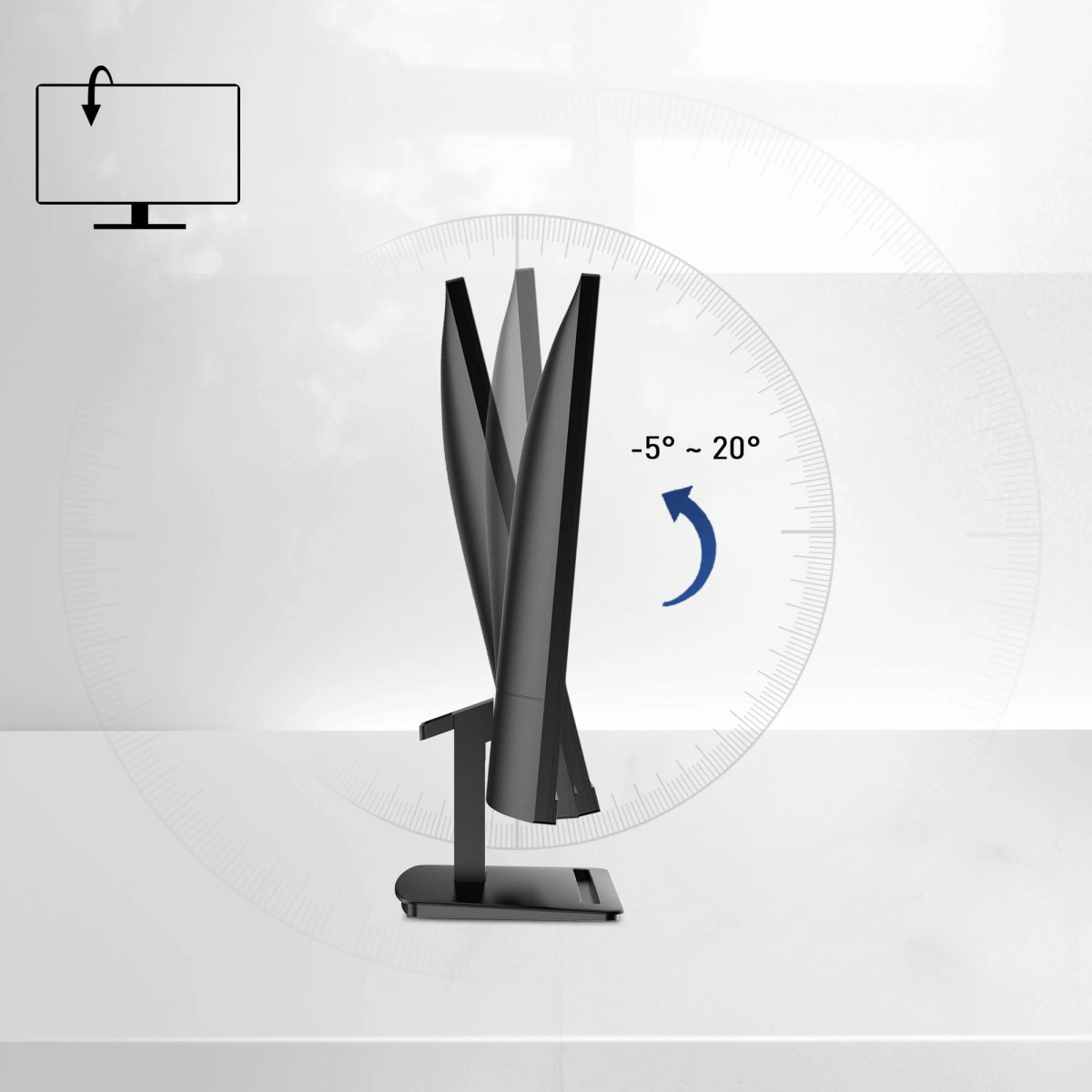 Un monitor se inclina entre -5 y 20 grados, con indicador de ángulo.