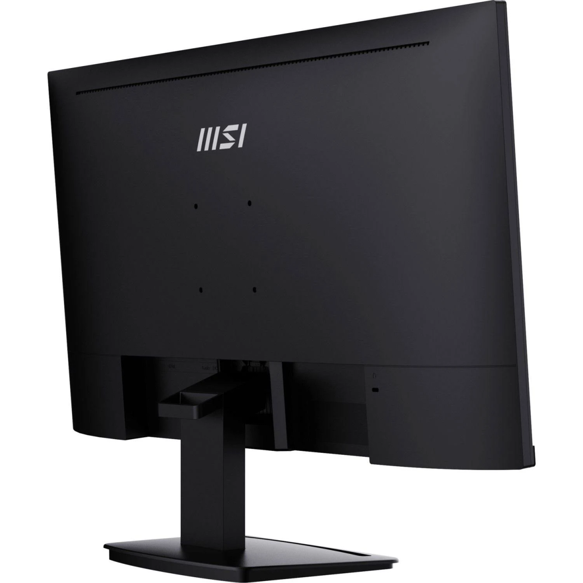 Vista posterior de un monitor MSI negro sobre un soporte, mostrando puertos.