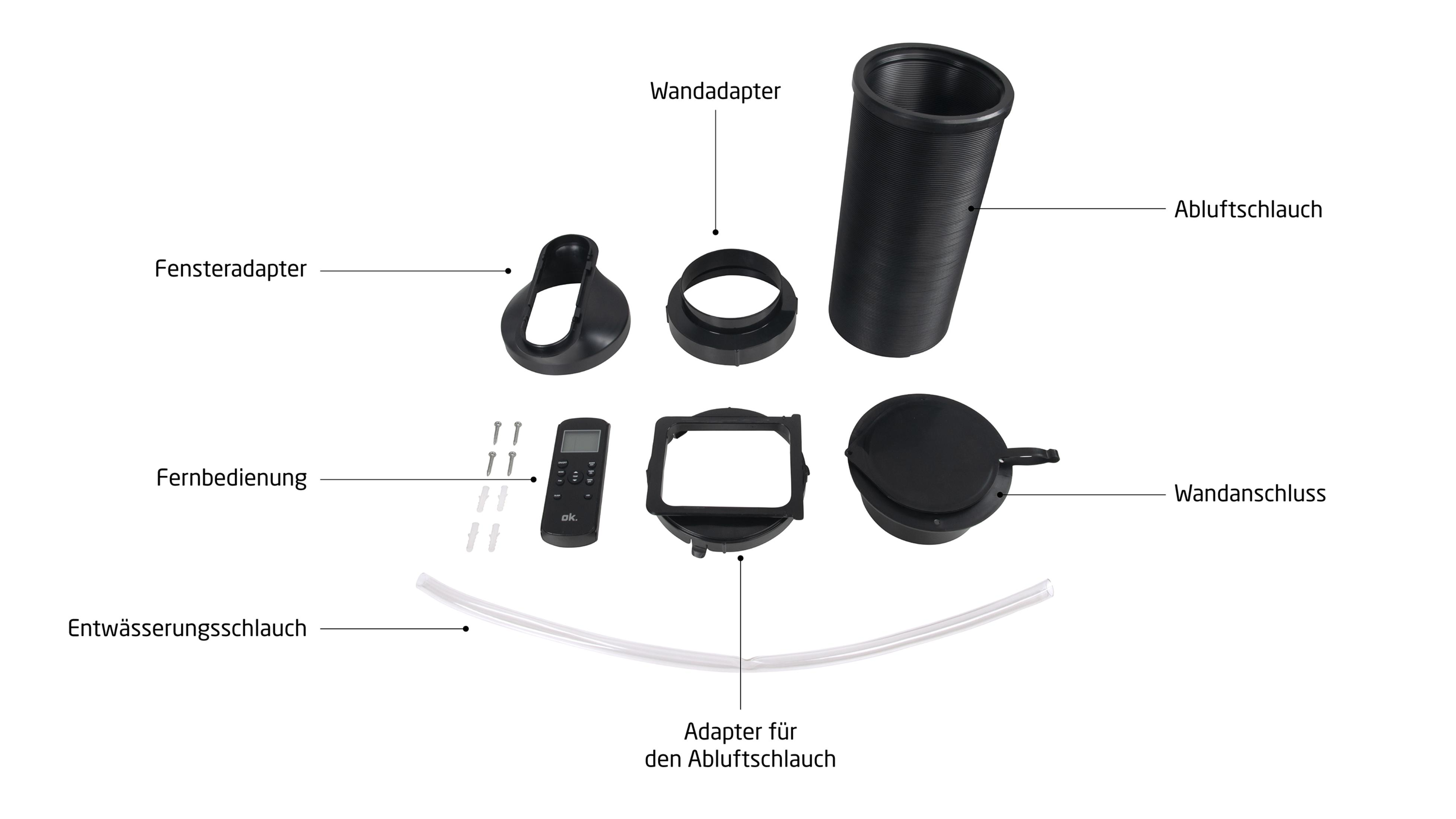 Teile eines Klimageräts: Abluftschlauch, Wandadapter, Fensteradapter, Fernbedienung, Schlauch.