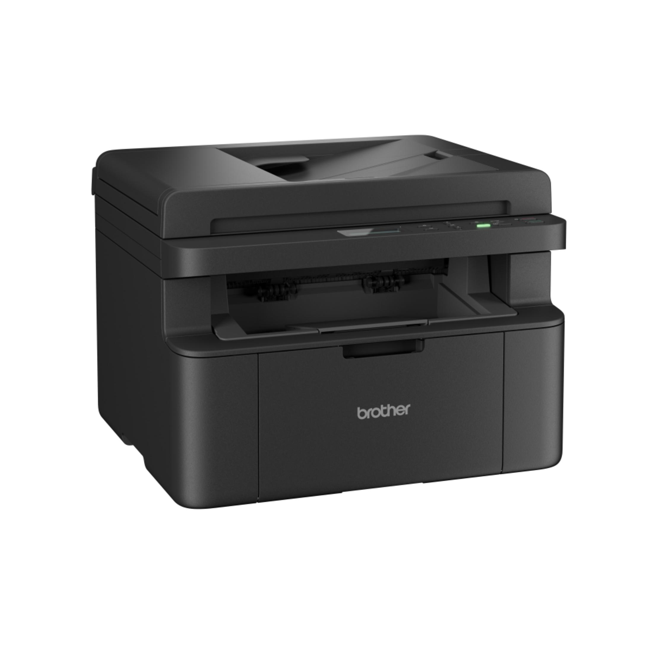 Una stampante laser Brother nera con scanner e copiatrice è su sfondo bianco.