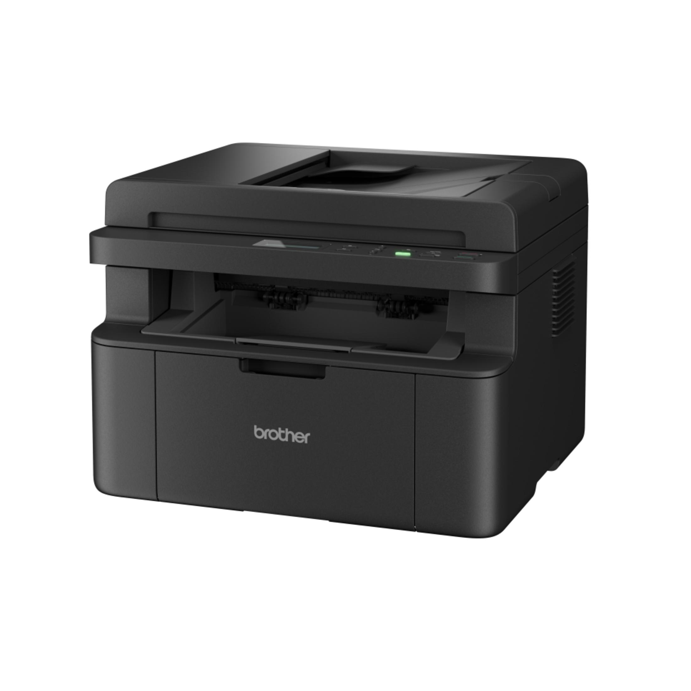 Una stampante laser Brother nera su sfondo bianco.