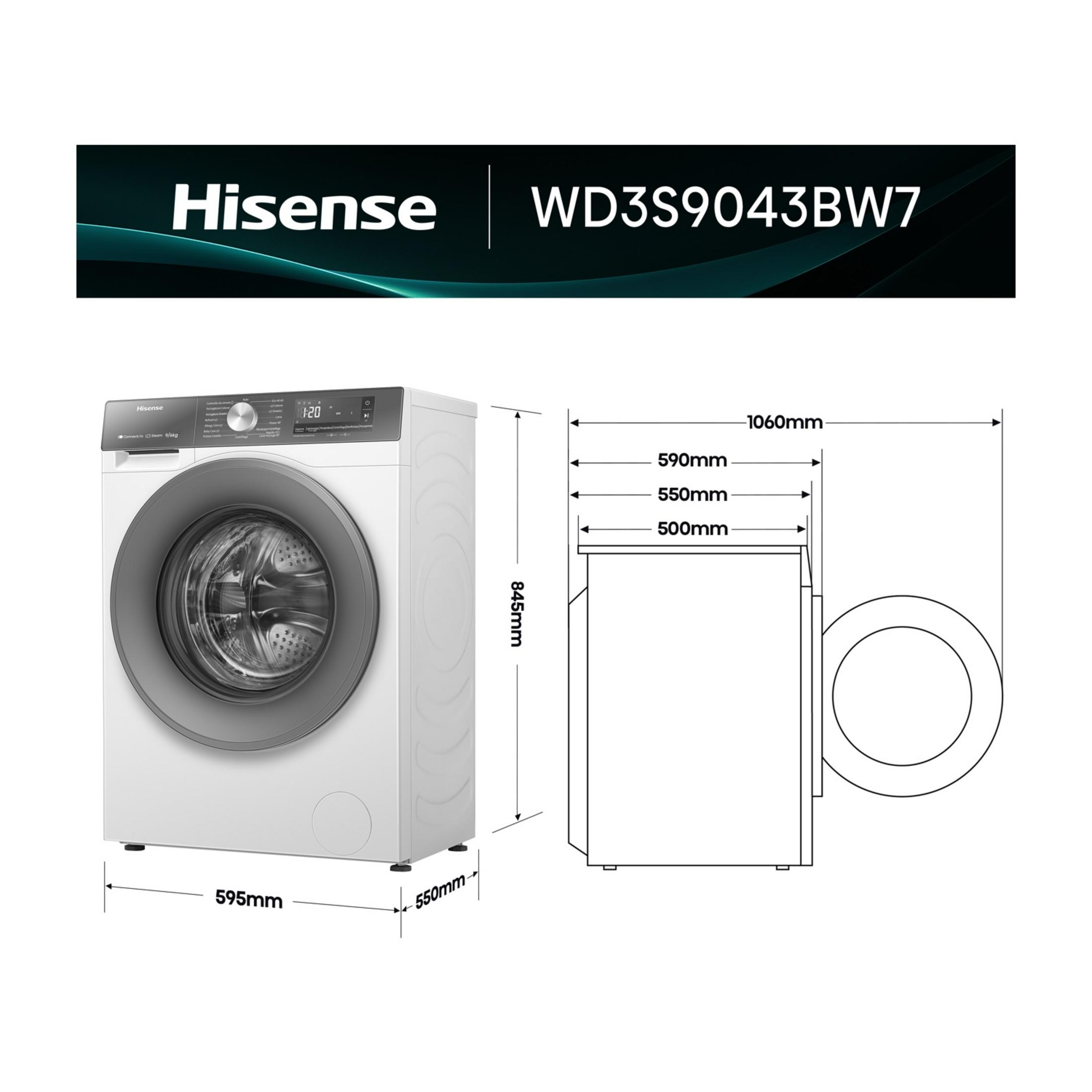 Lavatrice Hisense WD3S9043BW7 con dimensioni e diagrammi.