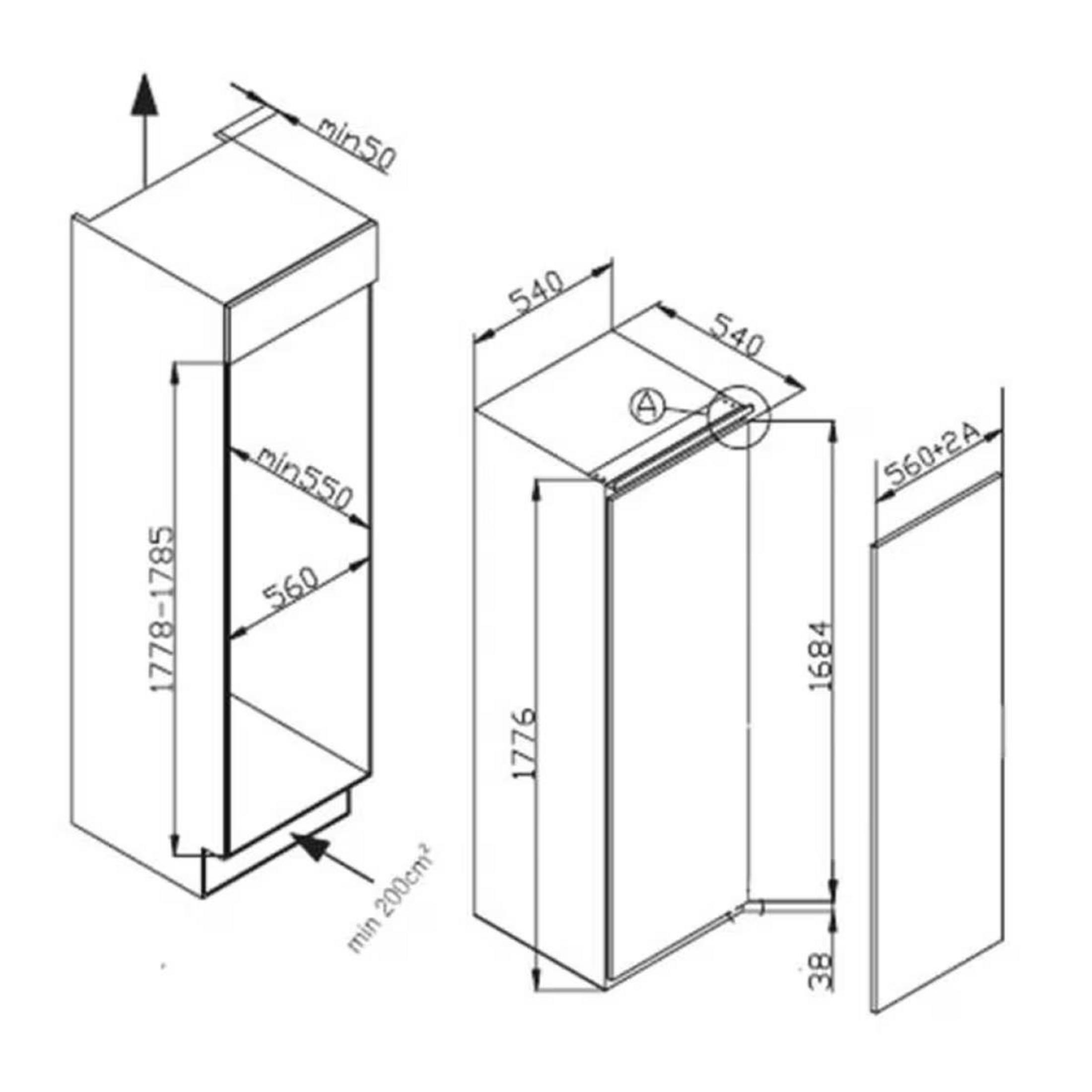 Disegno tecnico di un armadio con dimensioni e note di installazione.