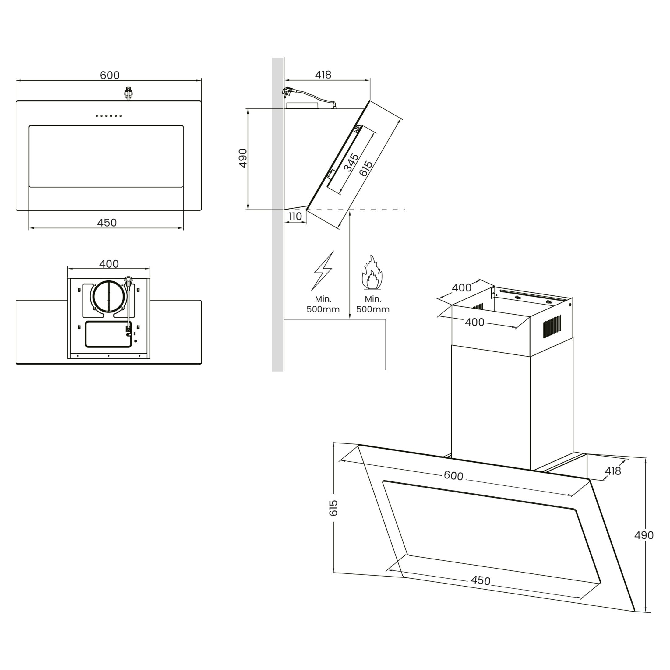 Dibujo técnico de una campana extractora con dimensiones.