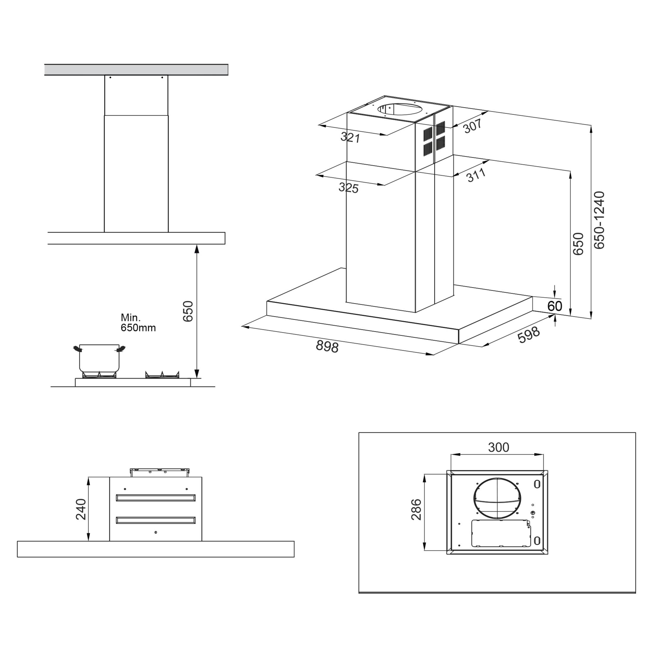 Dibujo técnico de una campana extractora con dimensiones y detalles de instalación.