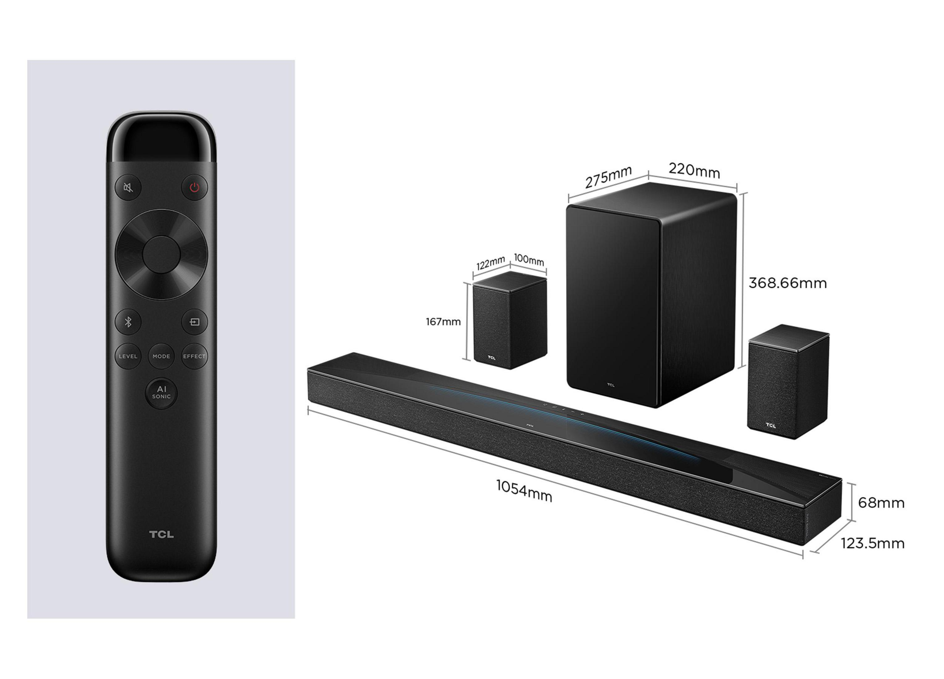 Barra de sonido TCL negra, subwoofer, dos altavoces y mando. Dimensiones mostradas.