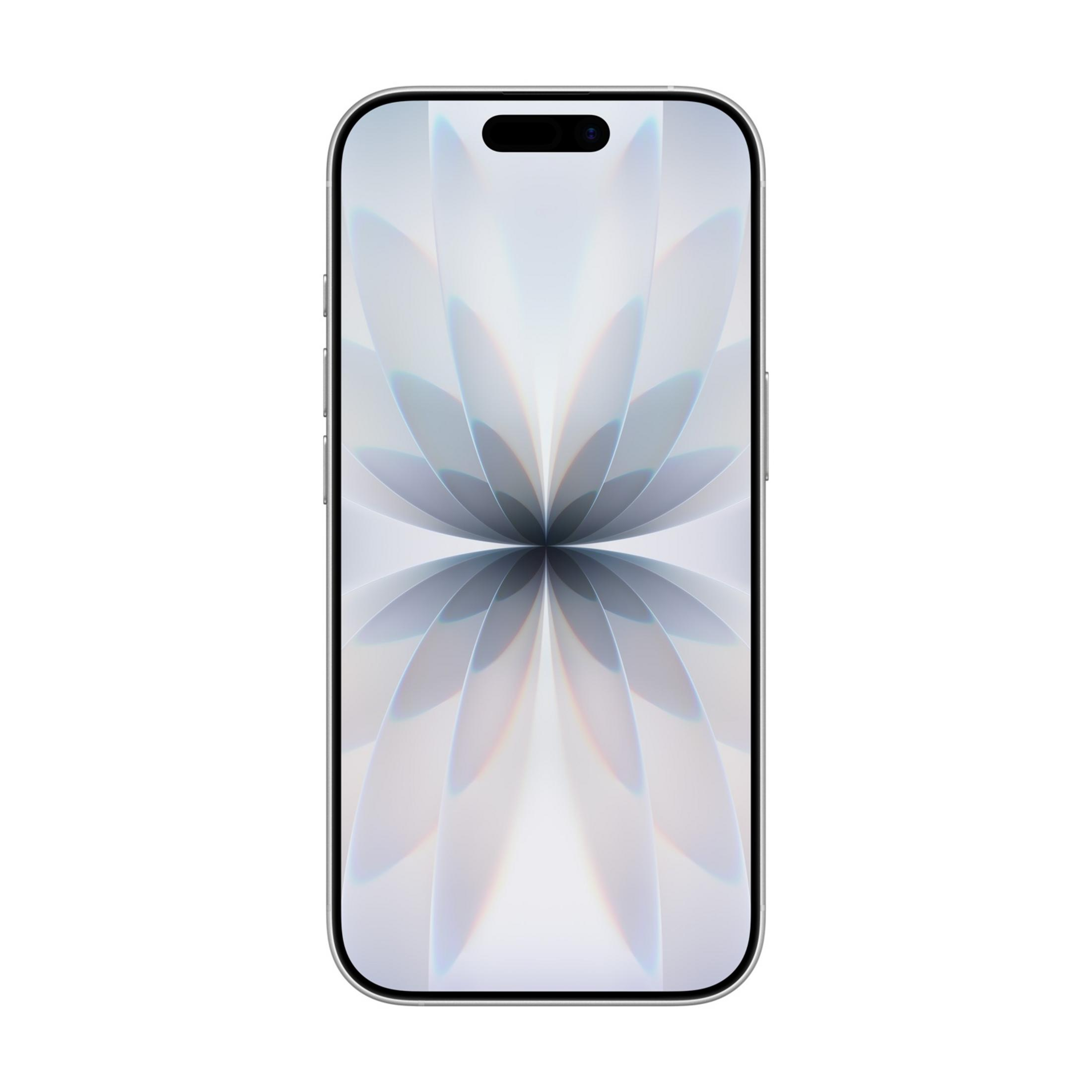 Srebrny smartfon z abstrakcyjną tapetą w kształcie płatka na ekranie.