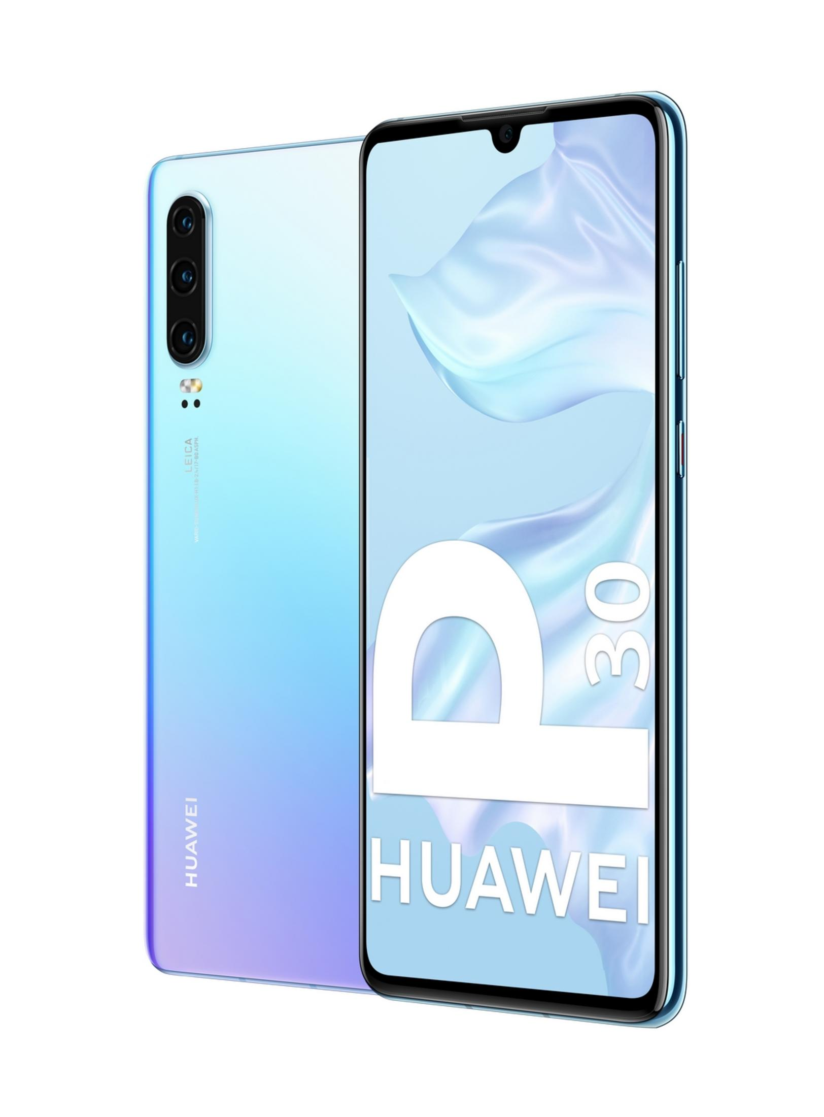Ein hellblaues Huawei P30 Smartphone mit Dreifachkamera auf der Rückseite.