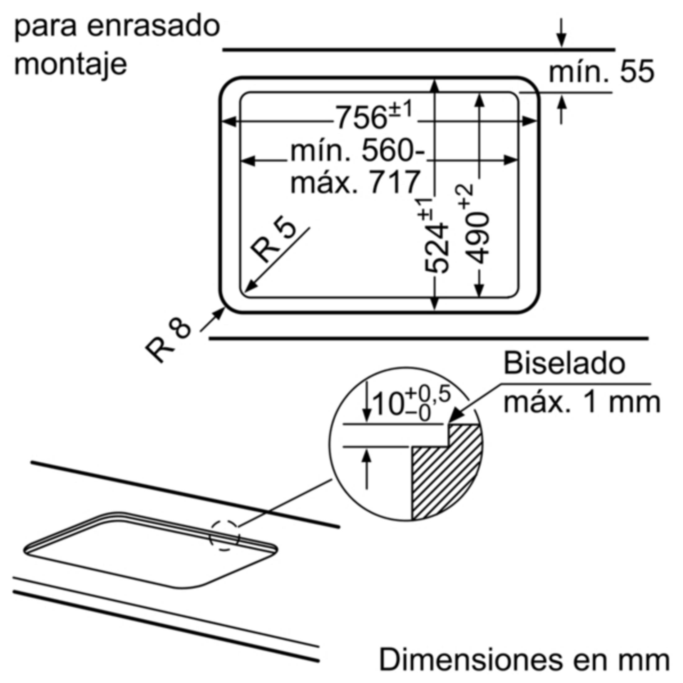 Dibujo técnico con dimensiones para montaje a ras y radio de borde.