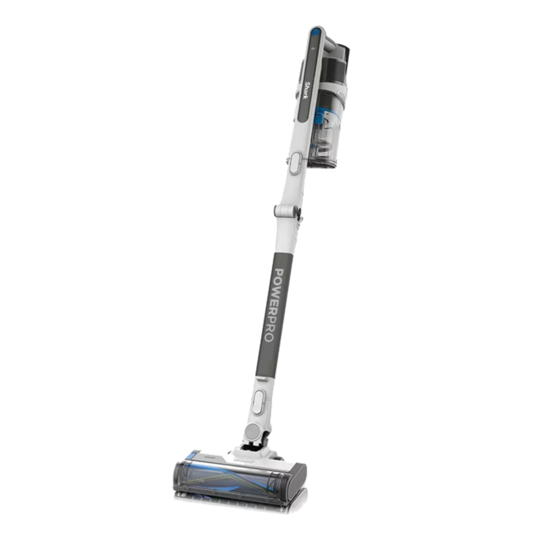 Un aspirateur sans fil blanc Shark Powerpro avec des accents bleus et noirs.