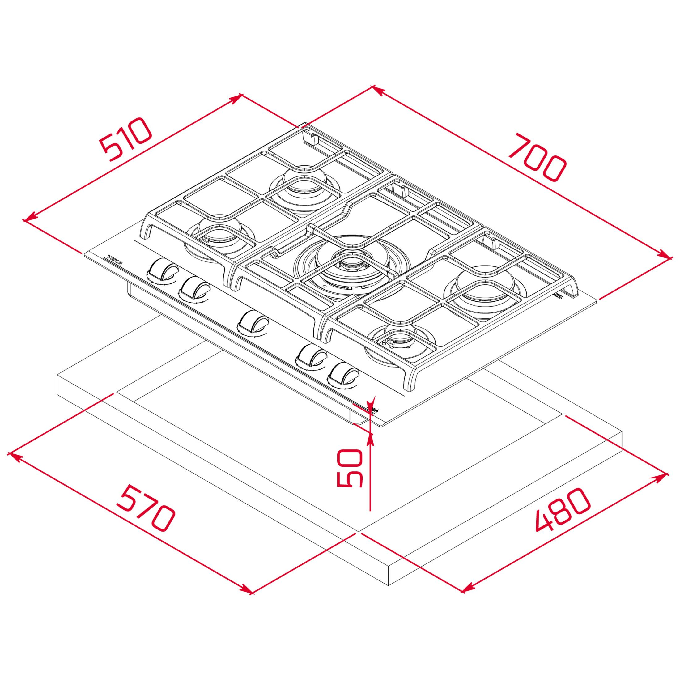 Encimera de gas empotrada de cuatro quemadores, medidas 510x700x50mm, hueco 570x480mm.