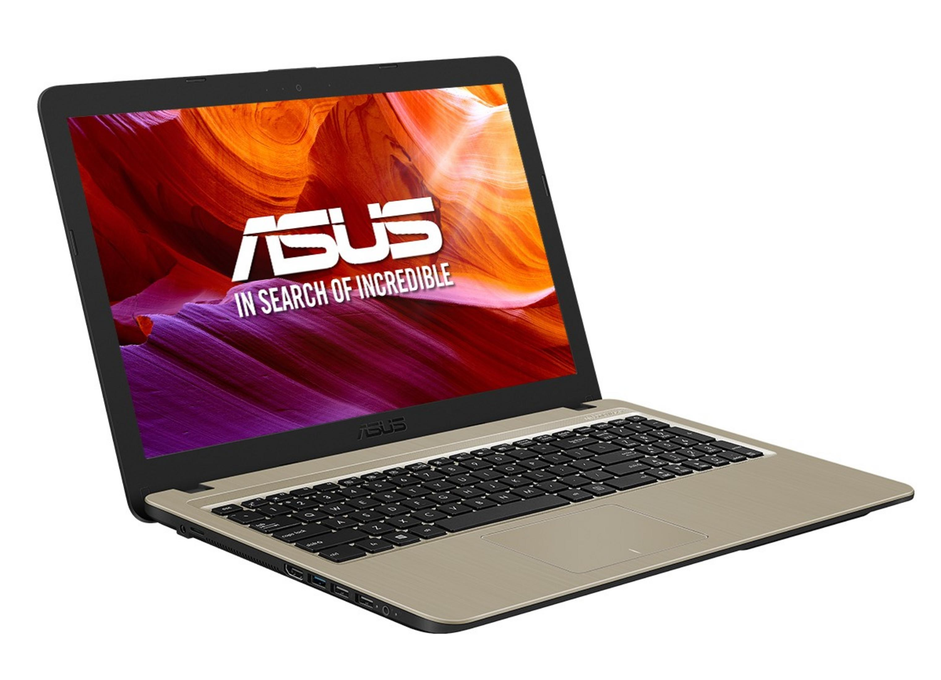 Ein goldener Asus Laptop mit Tastatur, Touchpad und leuchtendem Bildschirm.
