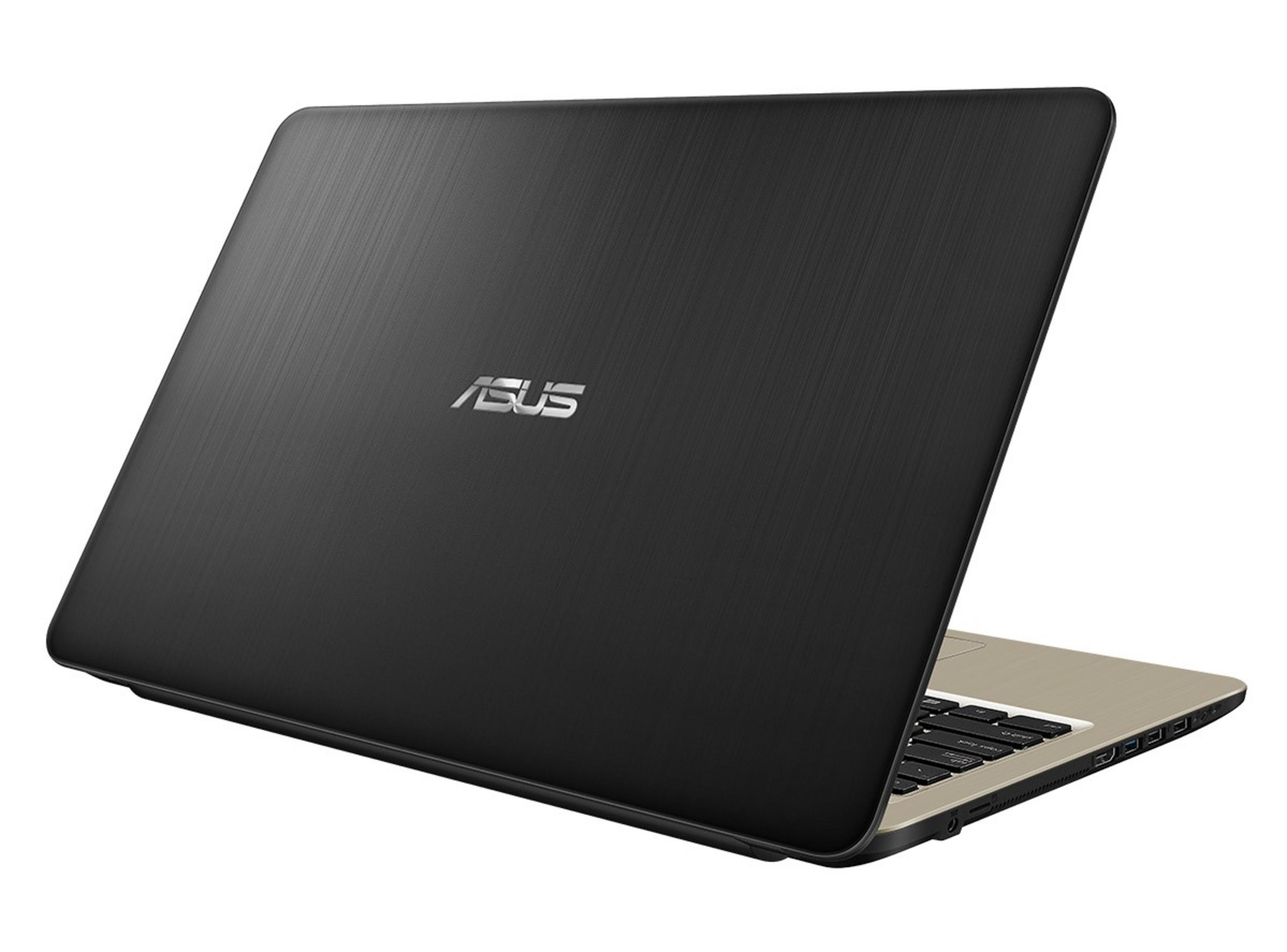 Ein geschlossener schwarzer Asus Laptop mit gebürstetem Metallgehäuse.
