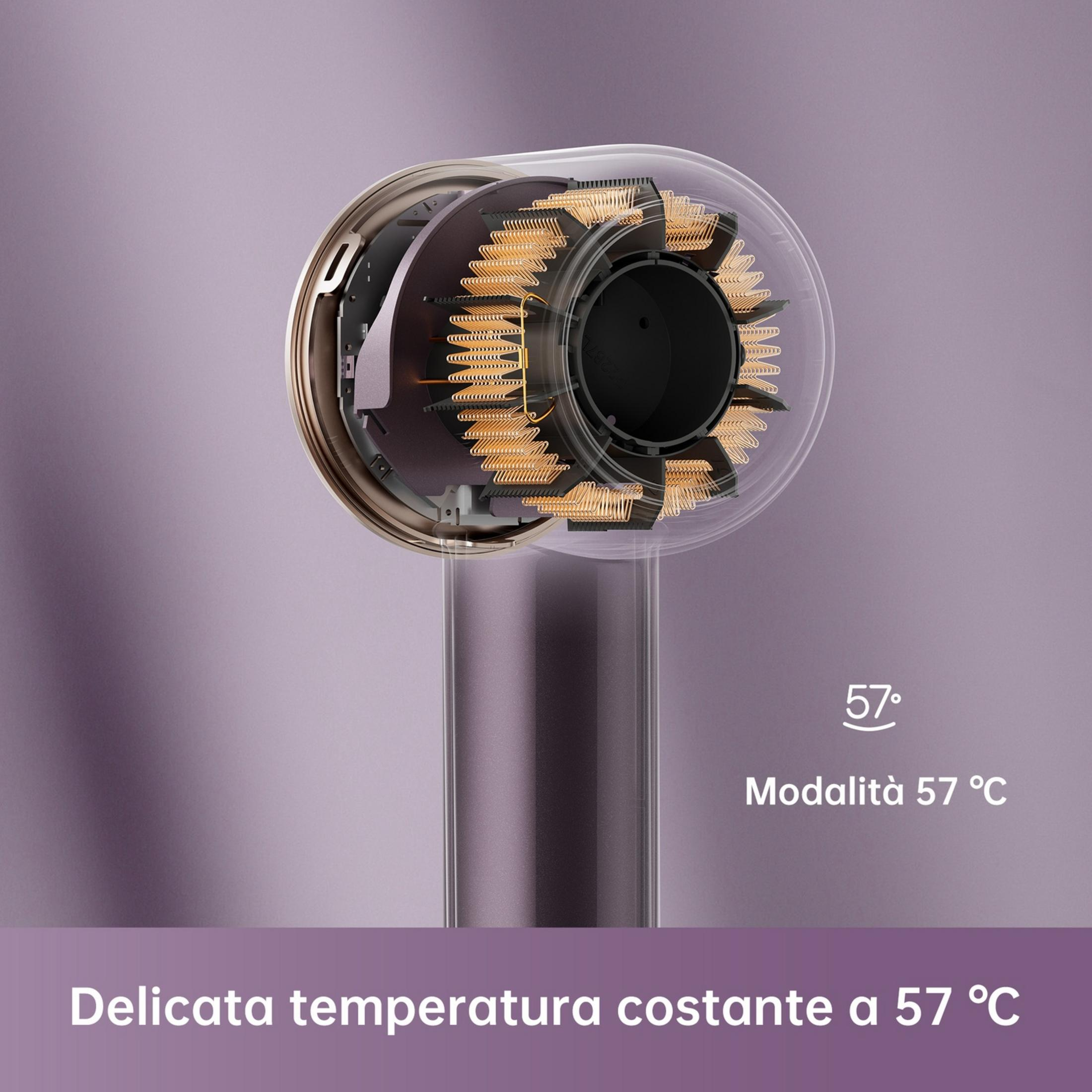 Vista detallada del interior de un secador de pelo, con espirales de calentamiento y 57°C.