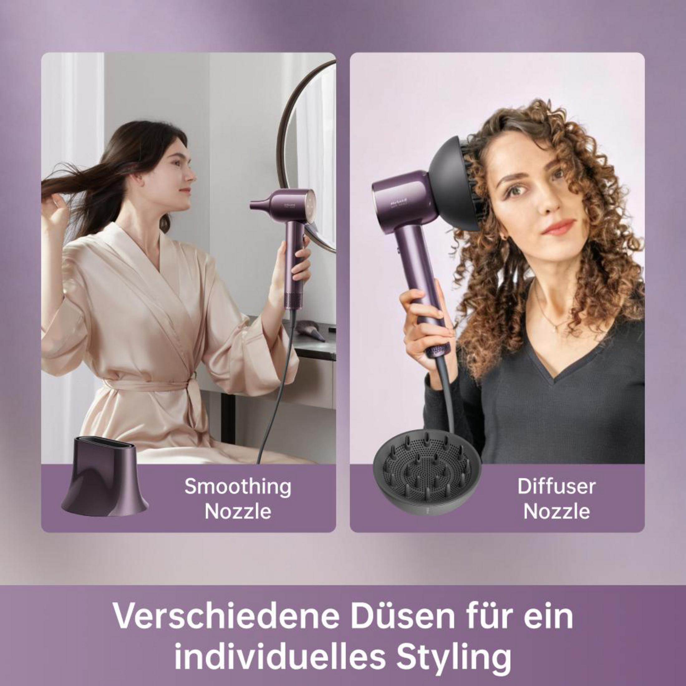 Dos mujeres con secadores de pelo y diferentes accesorios para peinado individual.