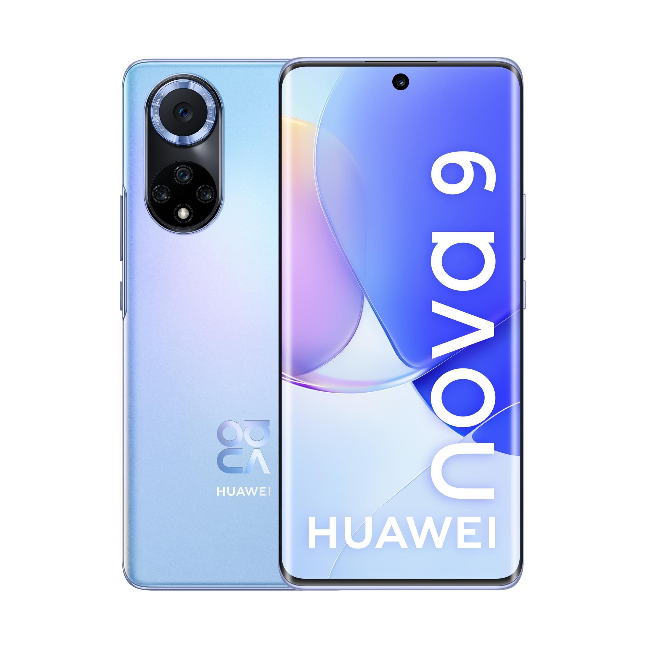 Un smartphone Huawei Nova 9 azul claro mostrado de frente y de espaldas. Cámara en la parte trasera.