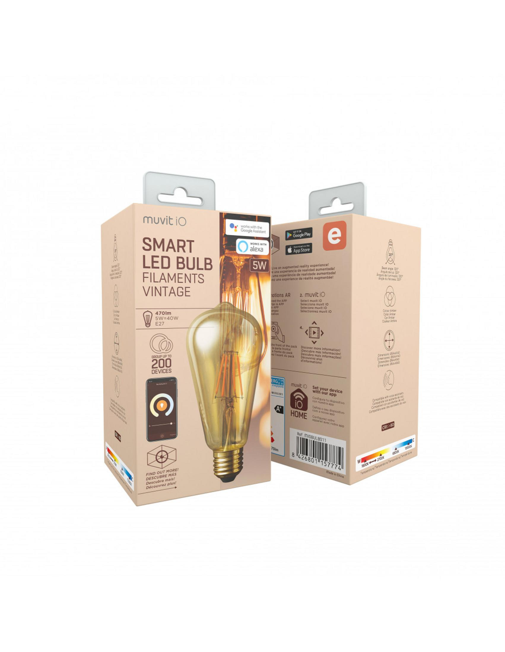 Muvit iO Smart LED Vintage Glühbirne mit Glühfaden, 5W, 470lm, E27, steuerbar per App.