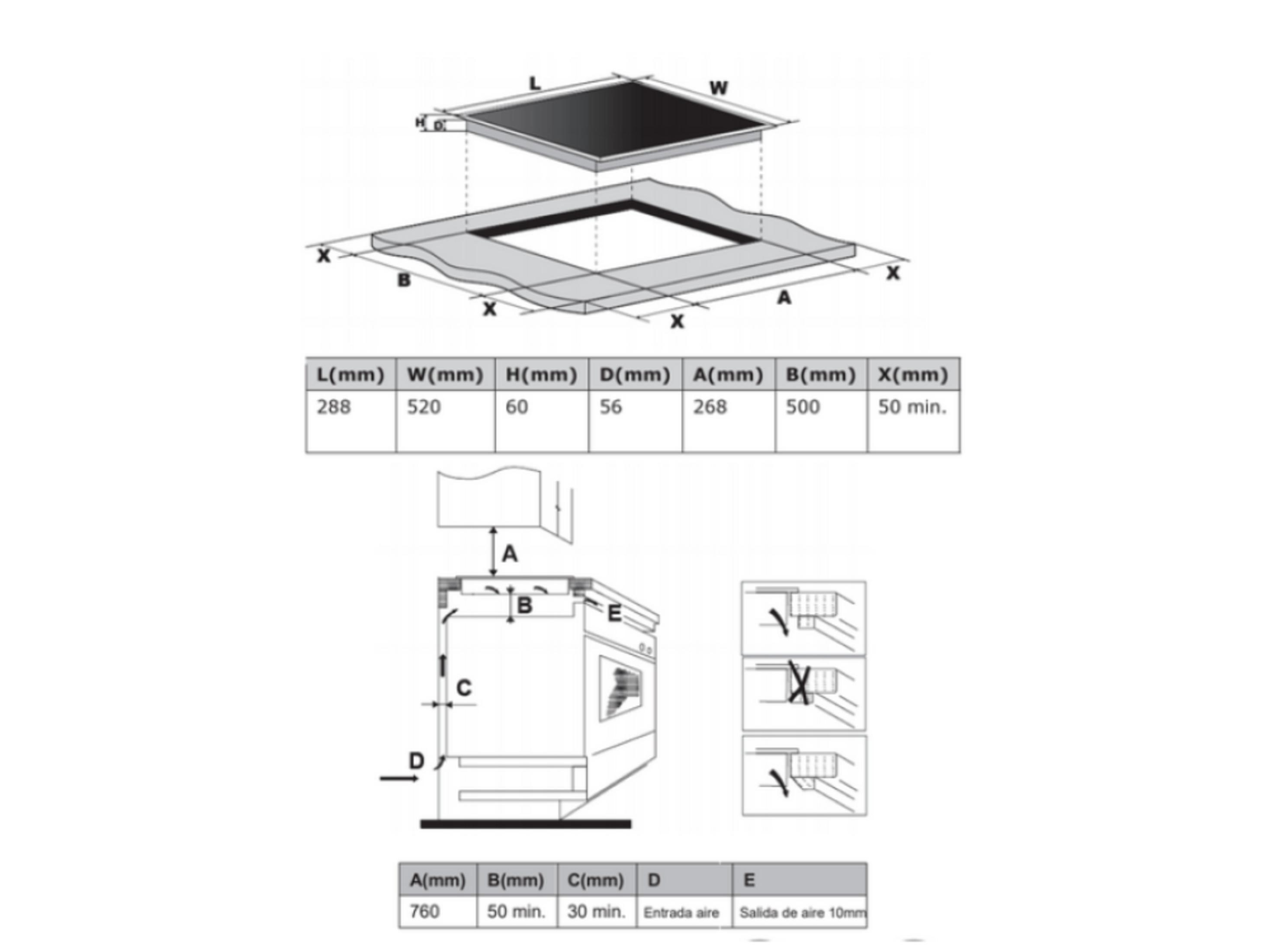 Dibujo técnico de una placa de cocina con dimensiones y detalles de instalación.