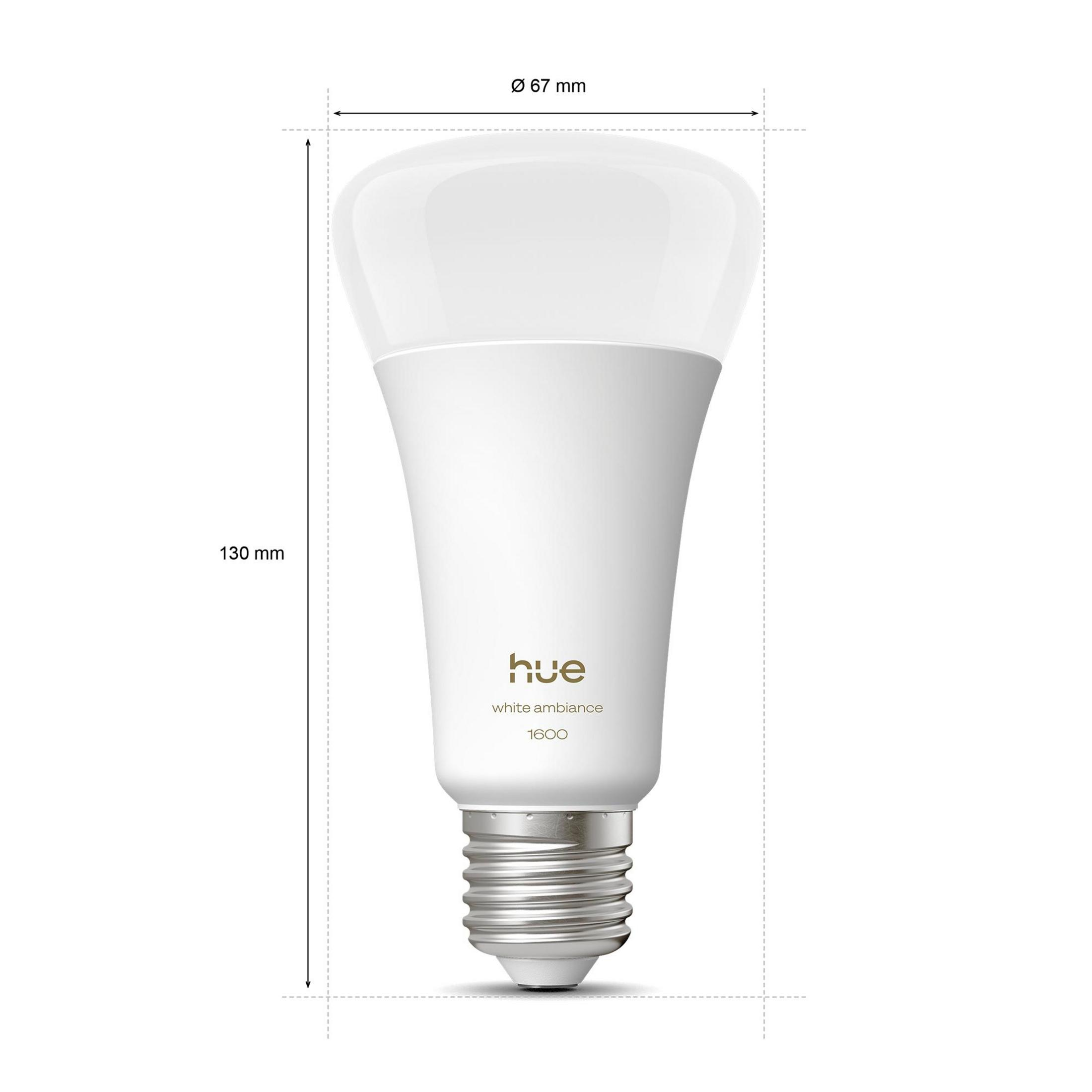 Lampadina LED bianca con logo Philips Hue e dimensioni.