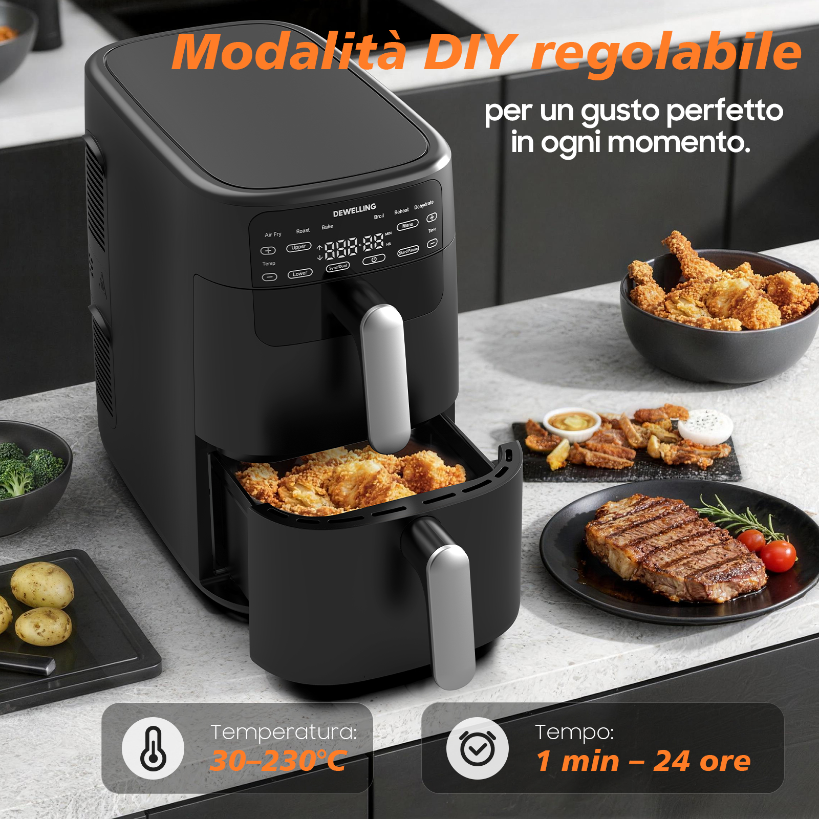 Friggitrice ad aria nera con cibo fritto, tra cui bistecca e pollo.