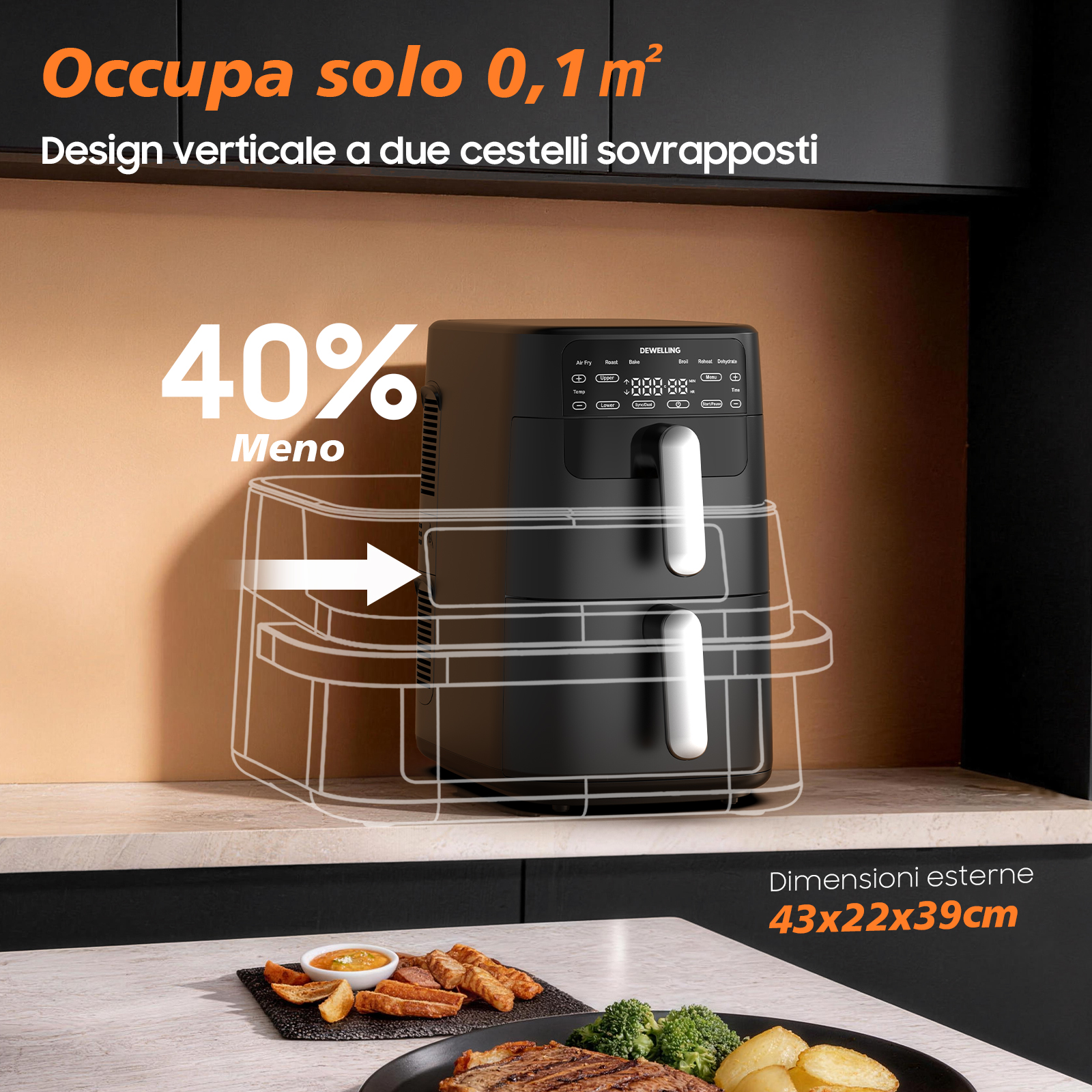 Friggitrice ad aria nera a doppio cestello con display digitale su piano.