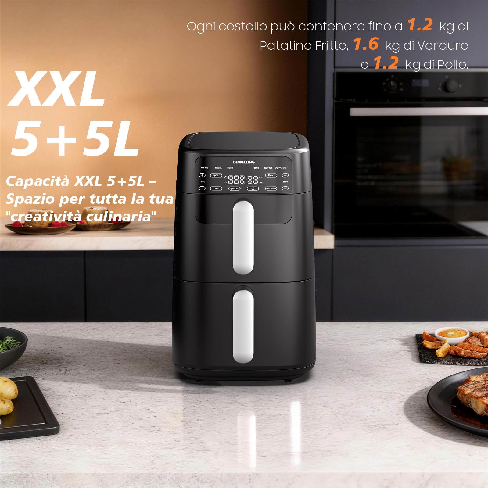Friggitrice ad aria nera a doppio cassetto su un bancone da cucina.