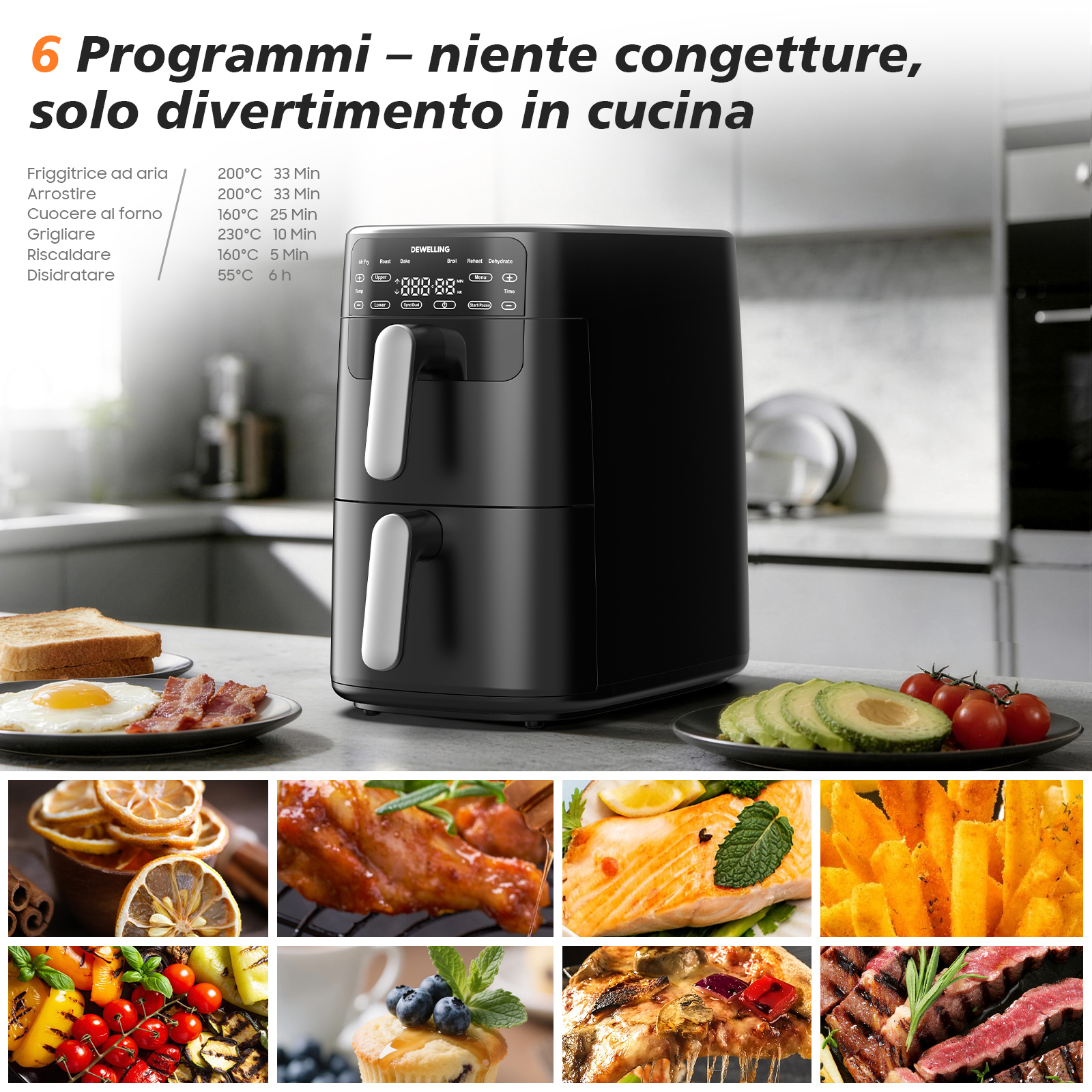 Una friggitrice ad aria nera a doppio cassetto su un piano cucina, con cibo accanto.