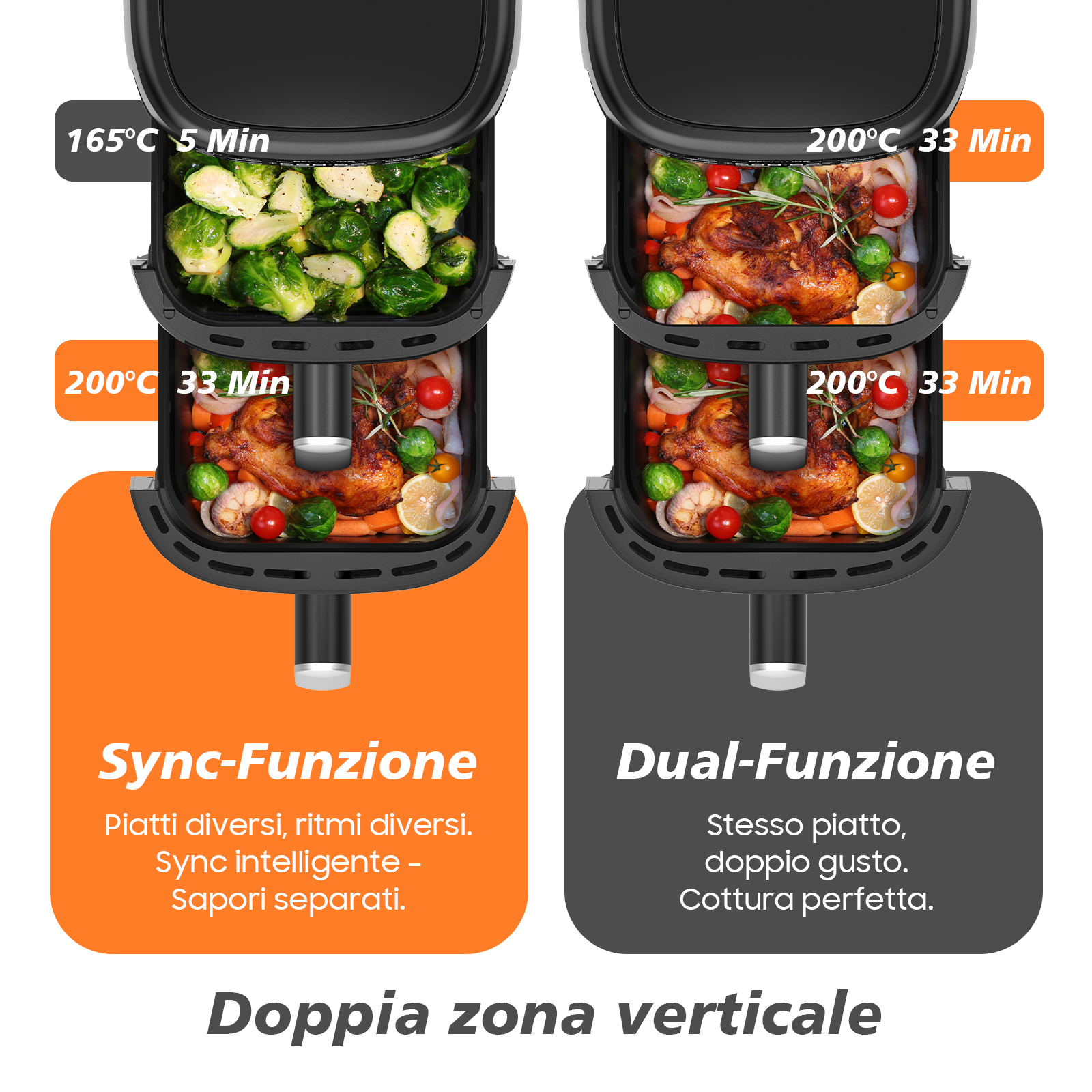 Friggitrice ad aria a doppia zona: un lato con cavoletti di Bruxelles, l'altro con pollo e verdure.