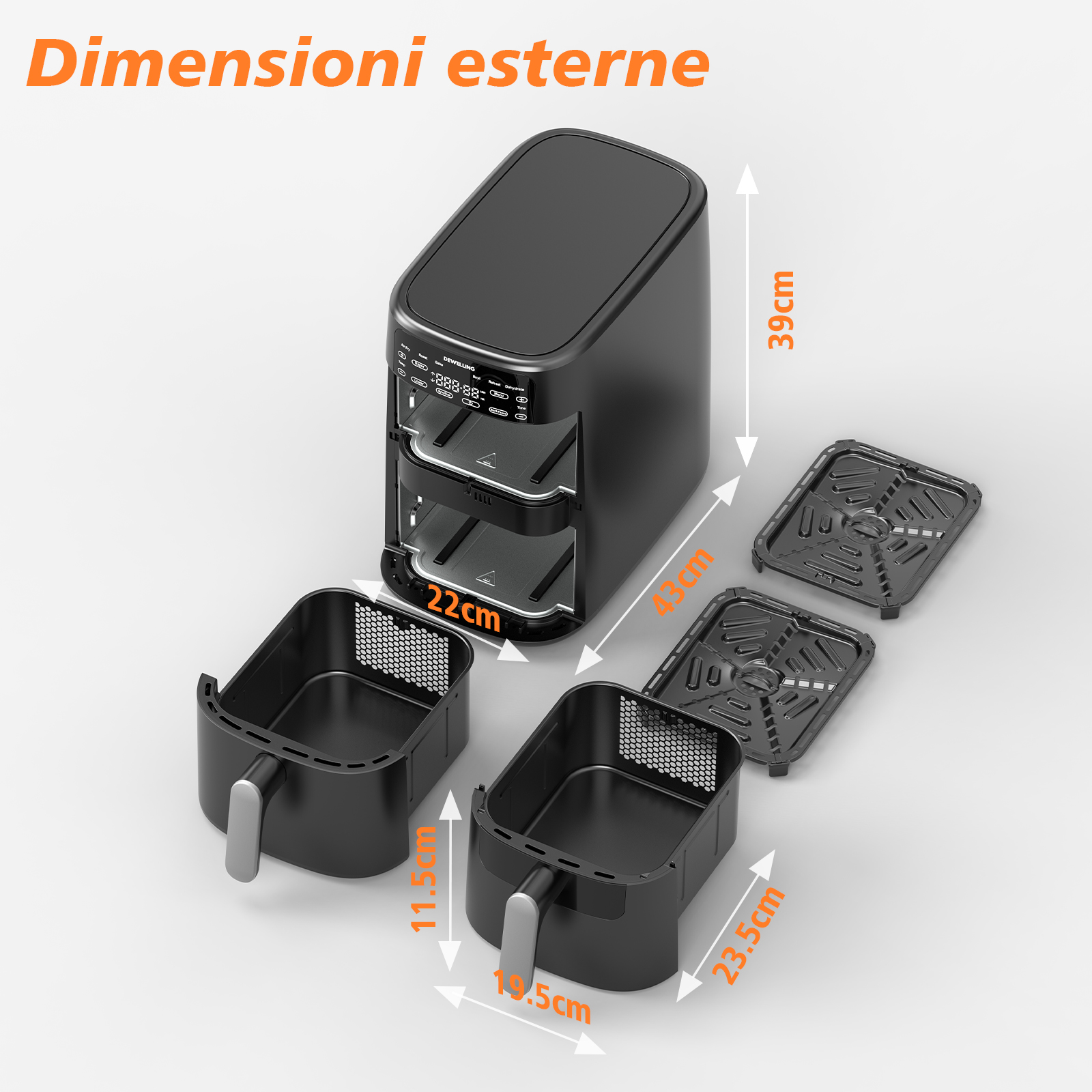 Friggitrice ad aria nera a doppio cestello, dimensioni: 39cm A, 22cm L, 43cm P. Due cestelli e due griglie.