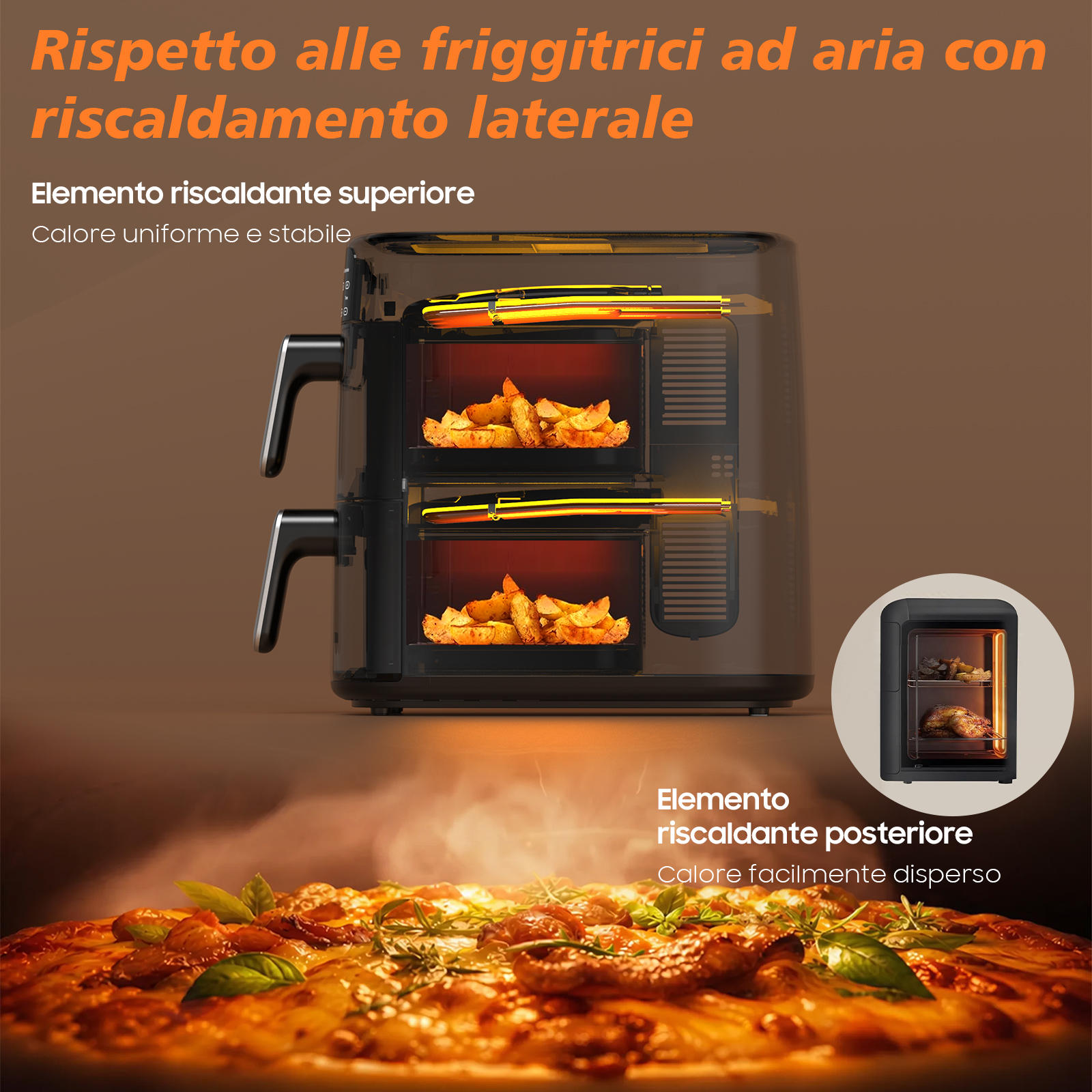 Una friggitrice ad aria a doppio piano con patatine e pizza.