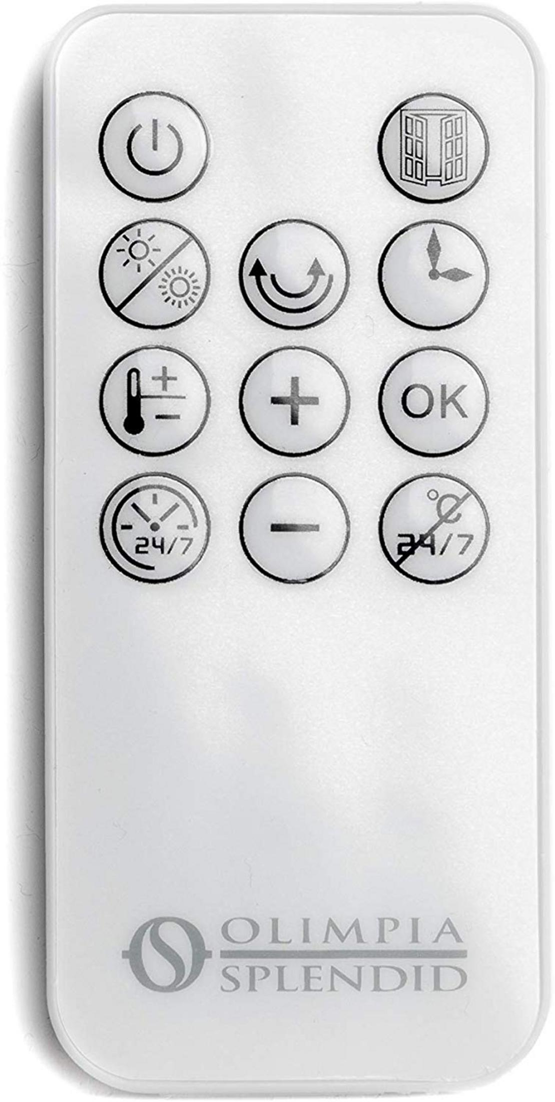 Telecomando bianco con simboli per accensione, ventola, timer e temperatura.