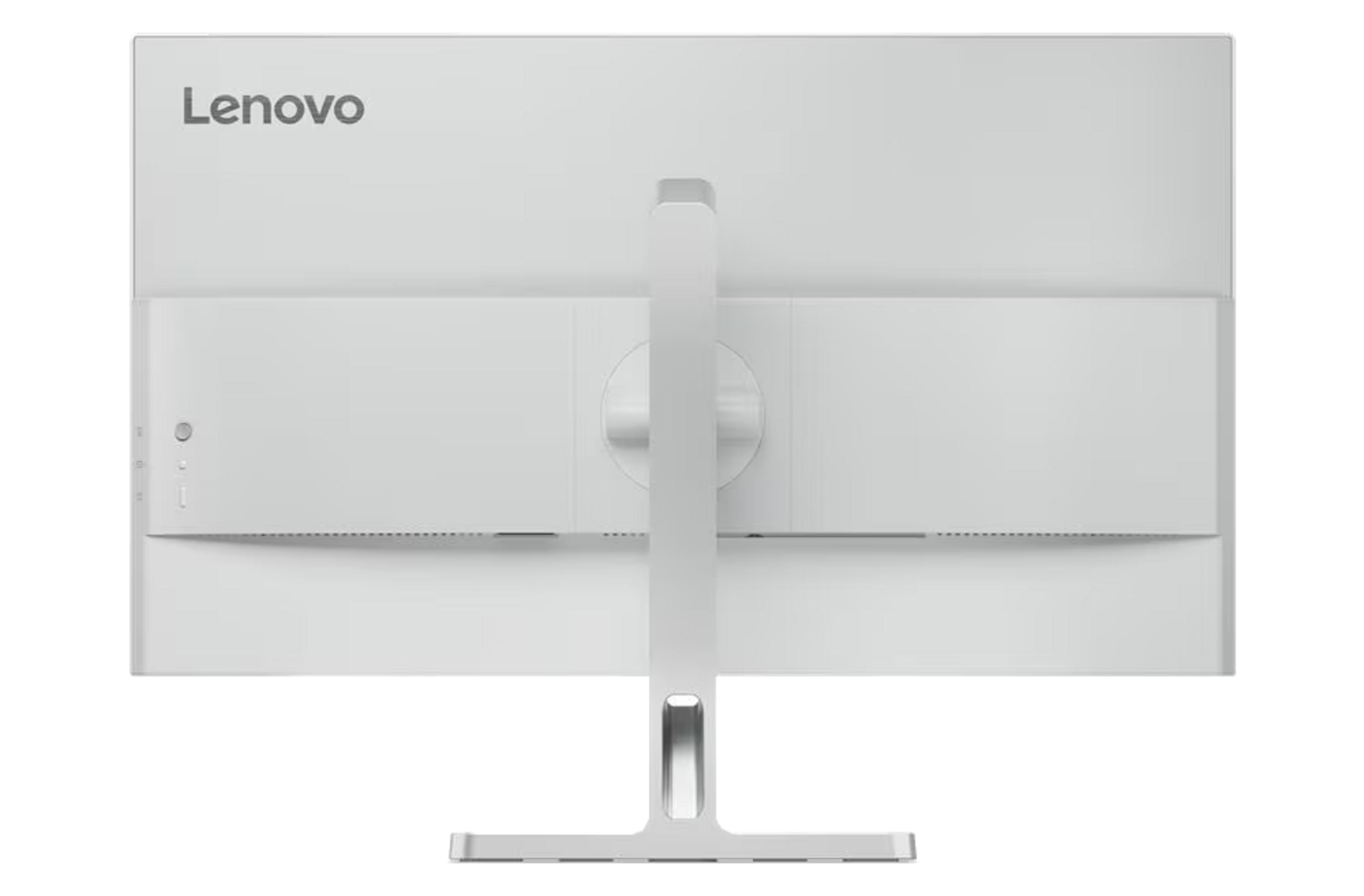 Rückseite eines weißen Lenovo Monitors mit silbernem Standfuß. Anschlüsse sind sichtbar.