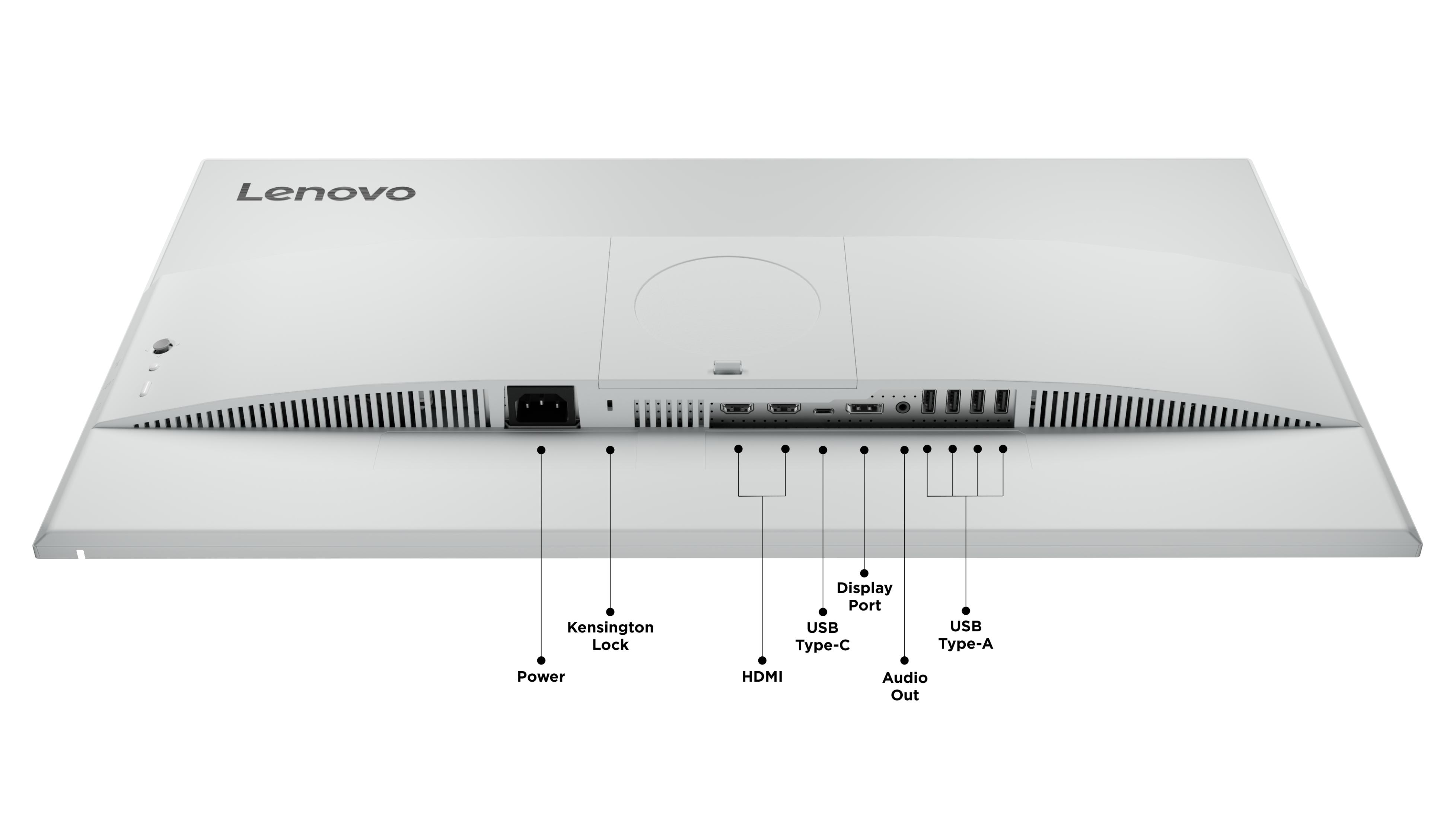 Rückseite eines weißen Lenovo-Monitors mit Anschlüssen: Strom, Kensington-Sperre, HDMI, USB-C, DisplayPort, Audio, USB-A.
