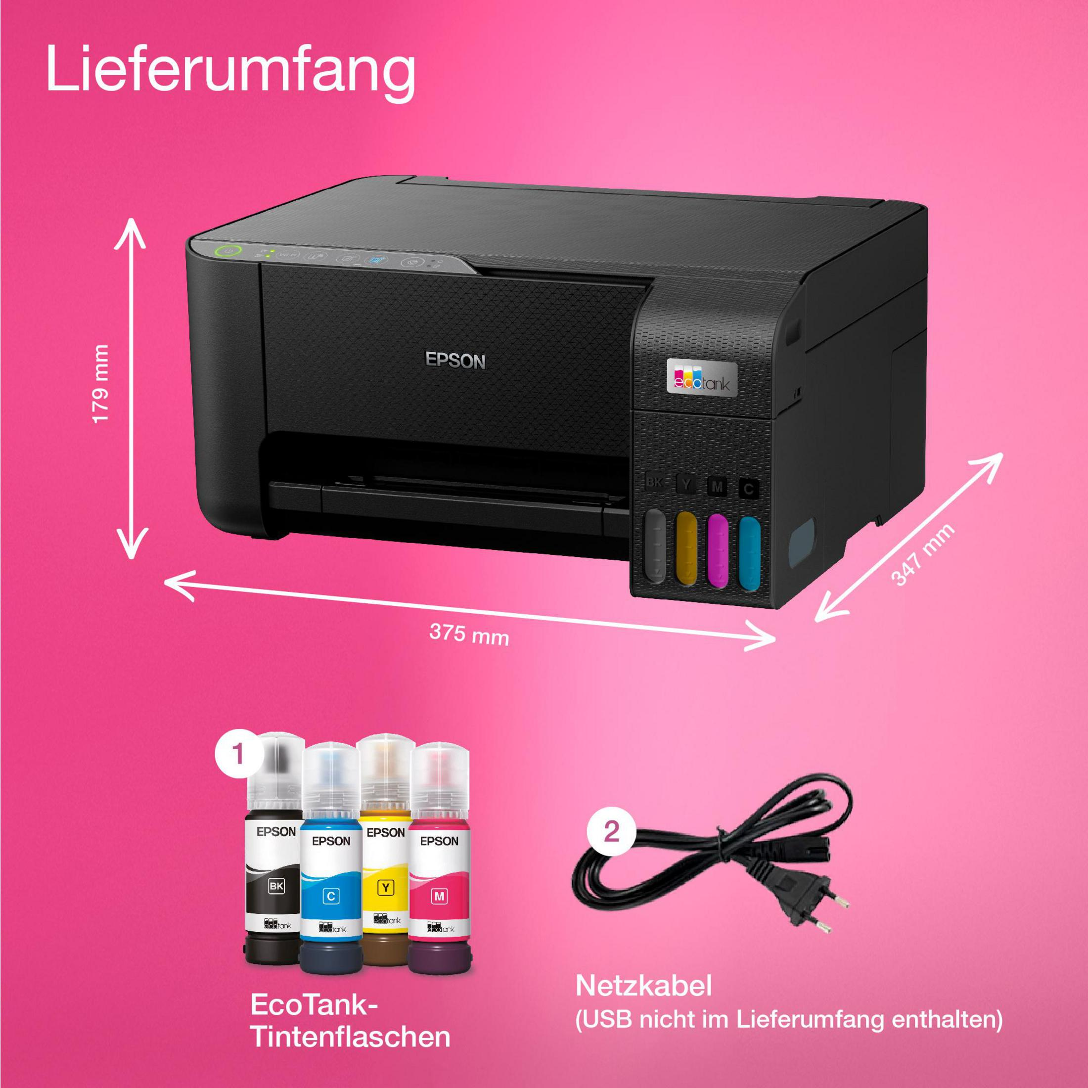 Epson EcoTank Drucker mit vier Tintenflaschen und Netzkabel.