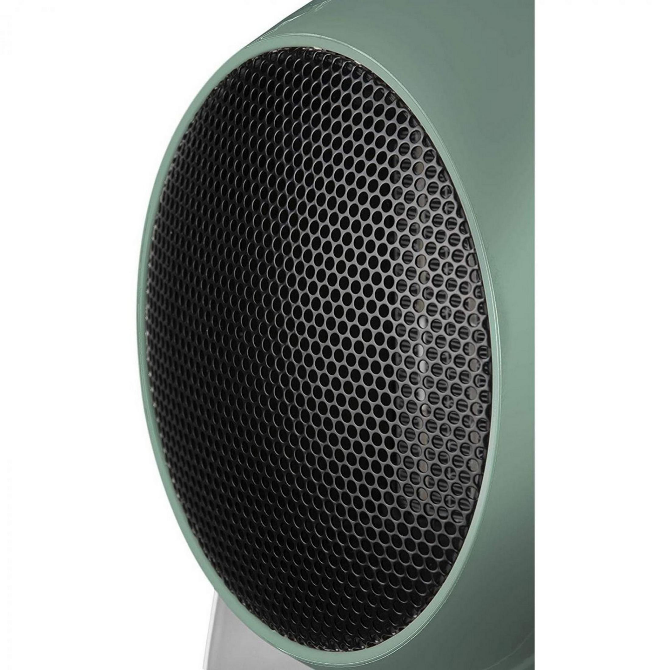 Stufetta a ventilatore verde con griglia nera frontale