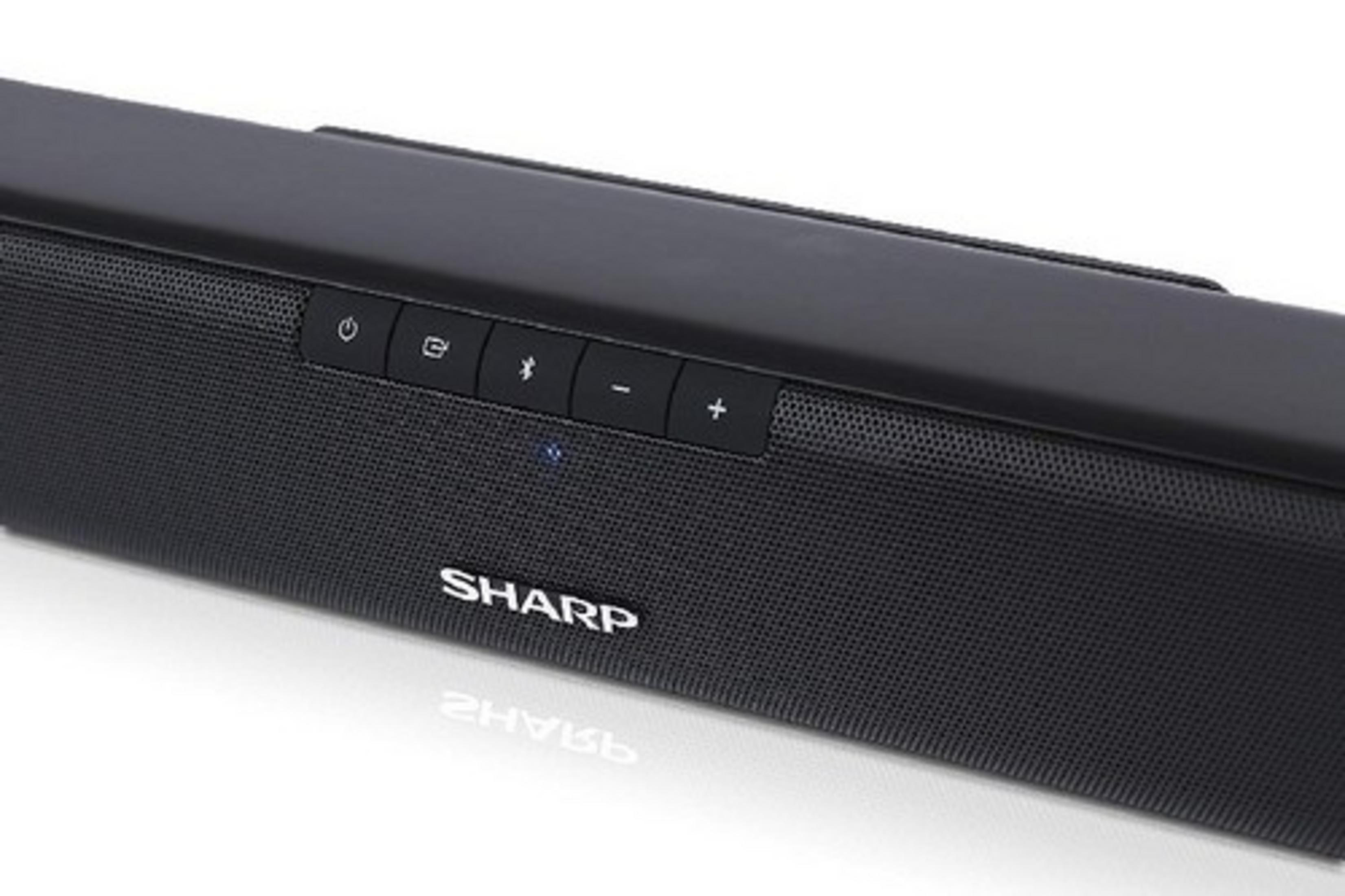 Soundbar SHARP nera con pulsanti di controllo e simbolo Bluetooth.