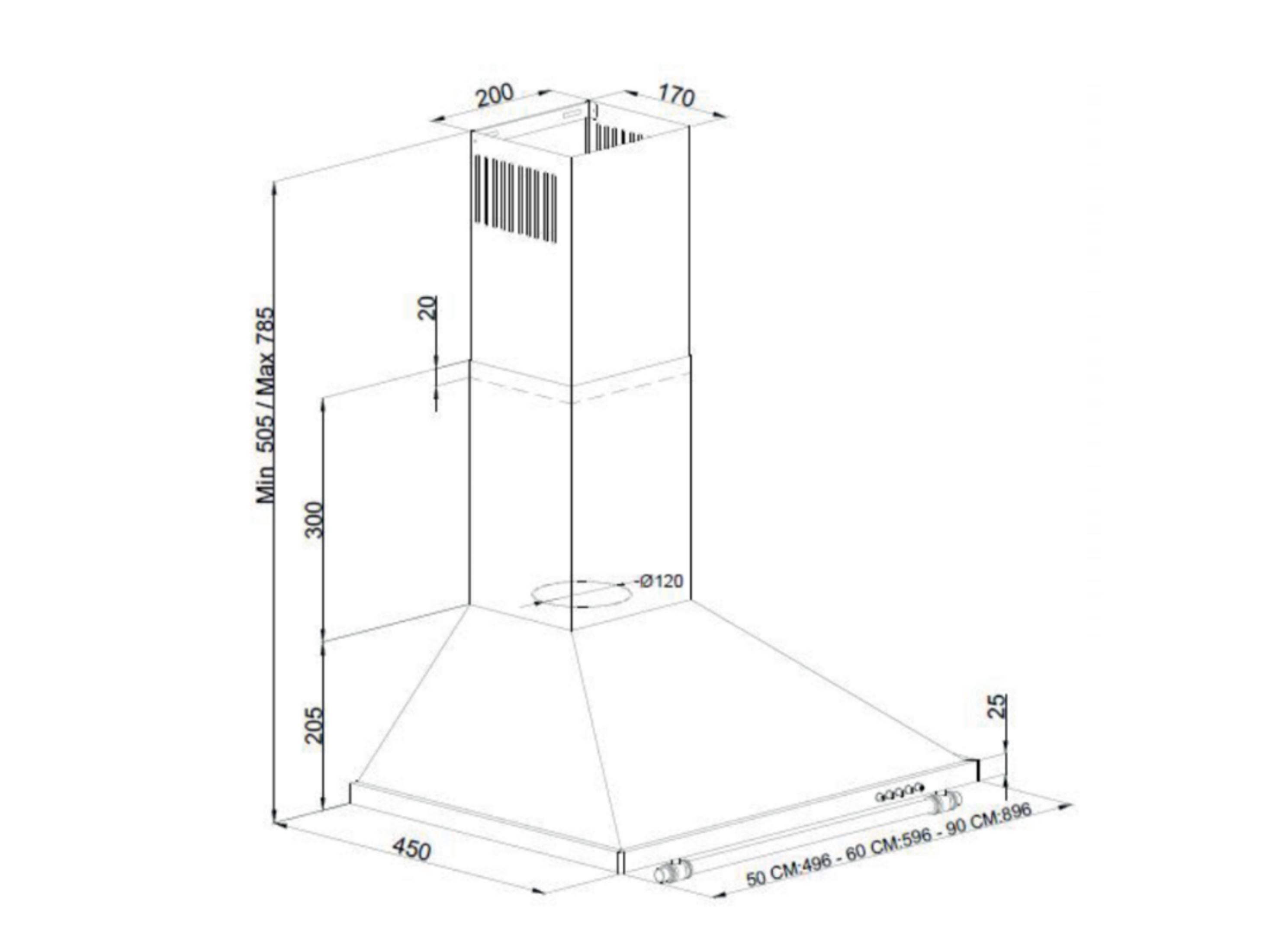 Dibujo técnico de una campana extractora con dimensiones.