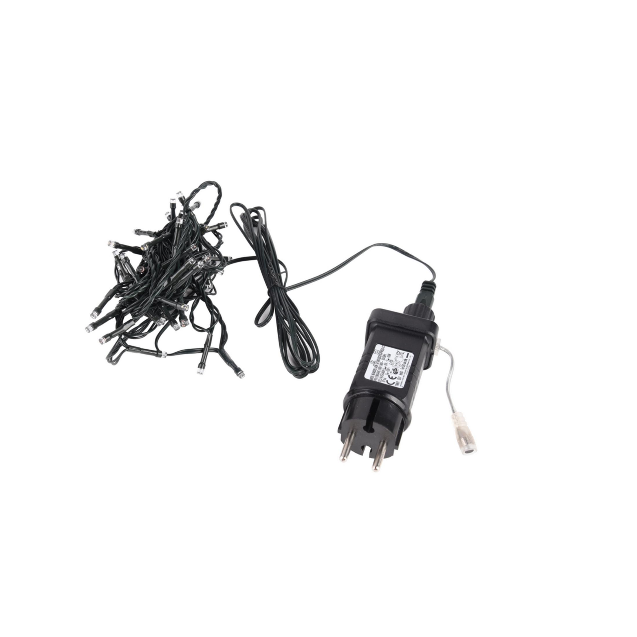 Una stringa di luci nera con alimentatore su sfondo bianco.
