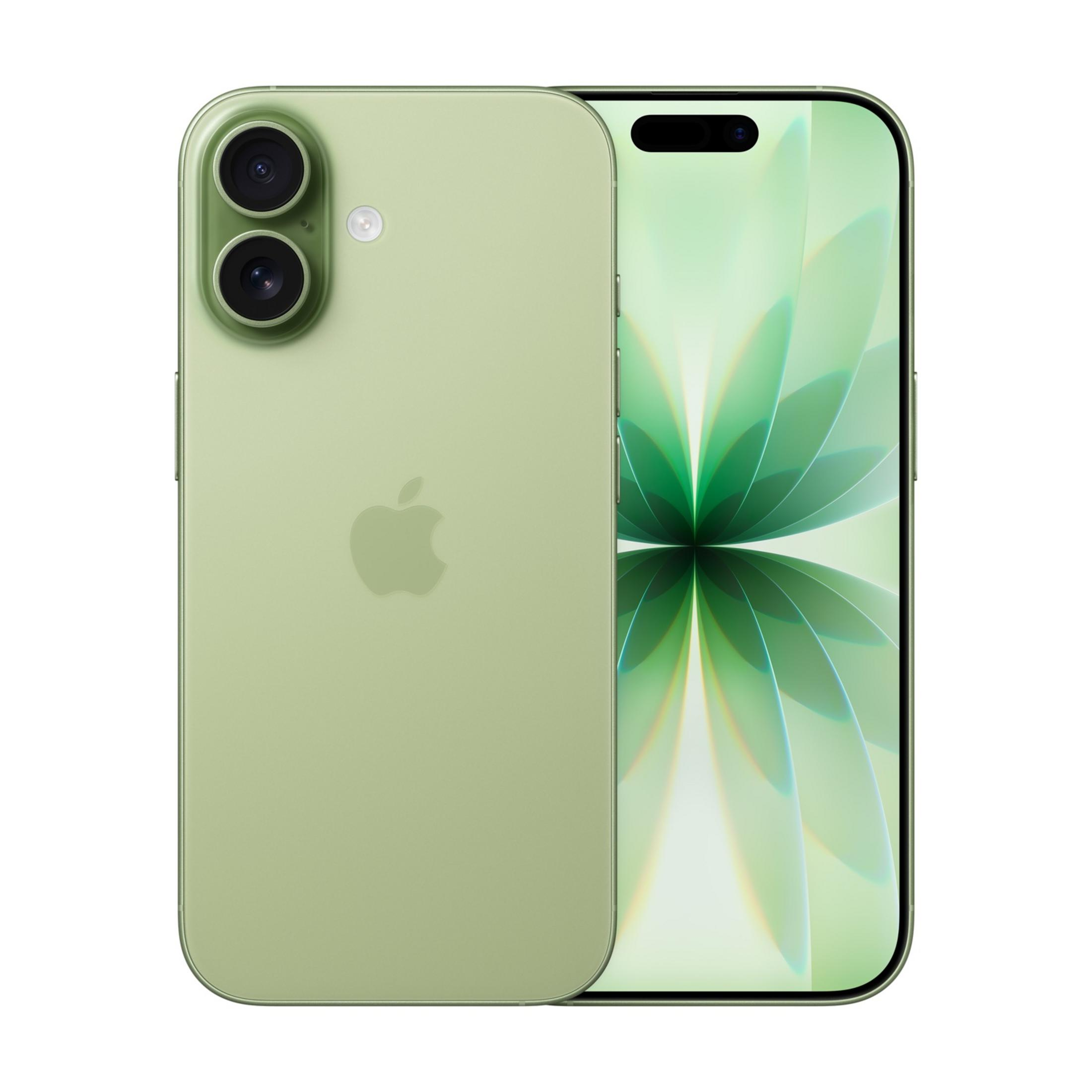 Un smartphone verde claro con doble cámara trasera y fondo verde claro.