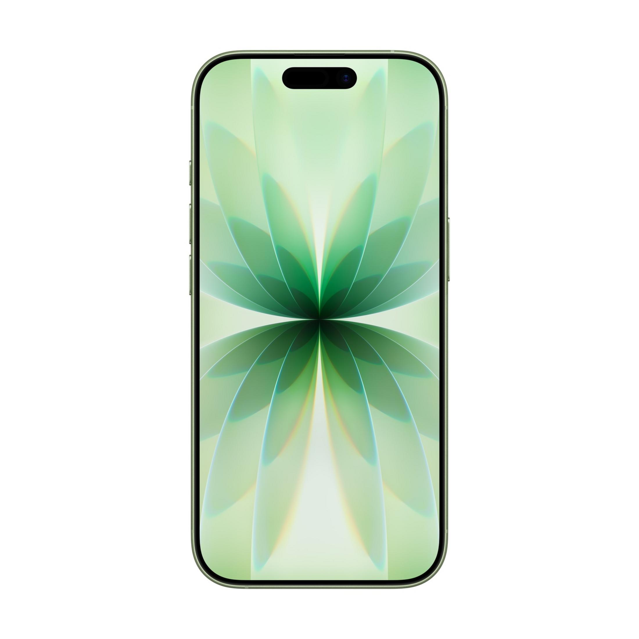 Un smartphone verde claro muestra un vibrante fondo de pantalla floral abstracto.