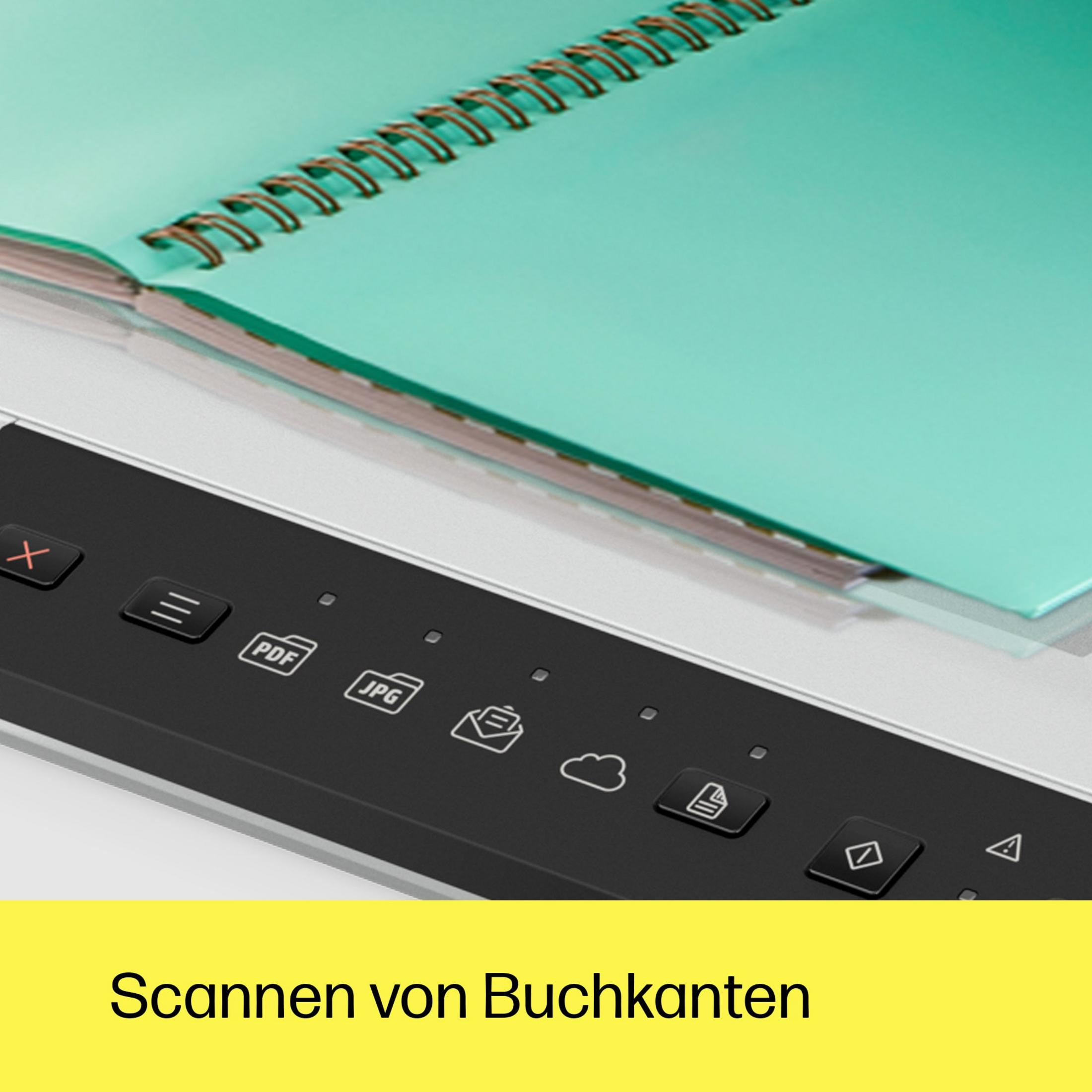 Un escáner con un cuaderno verde menta. Los botones de control muestran iconos.