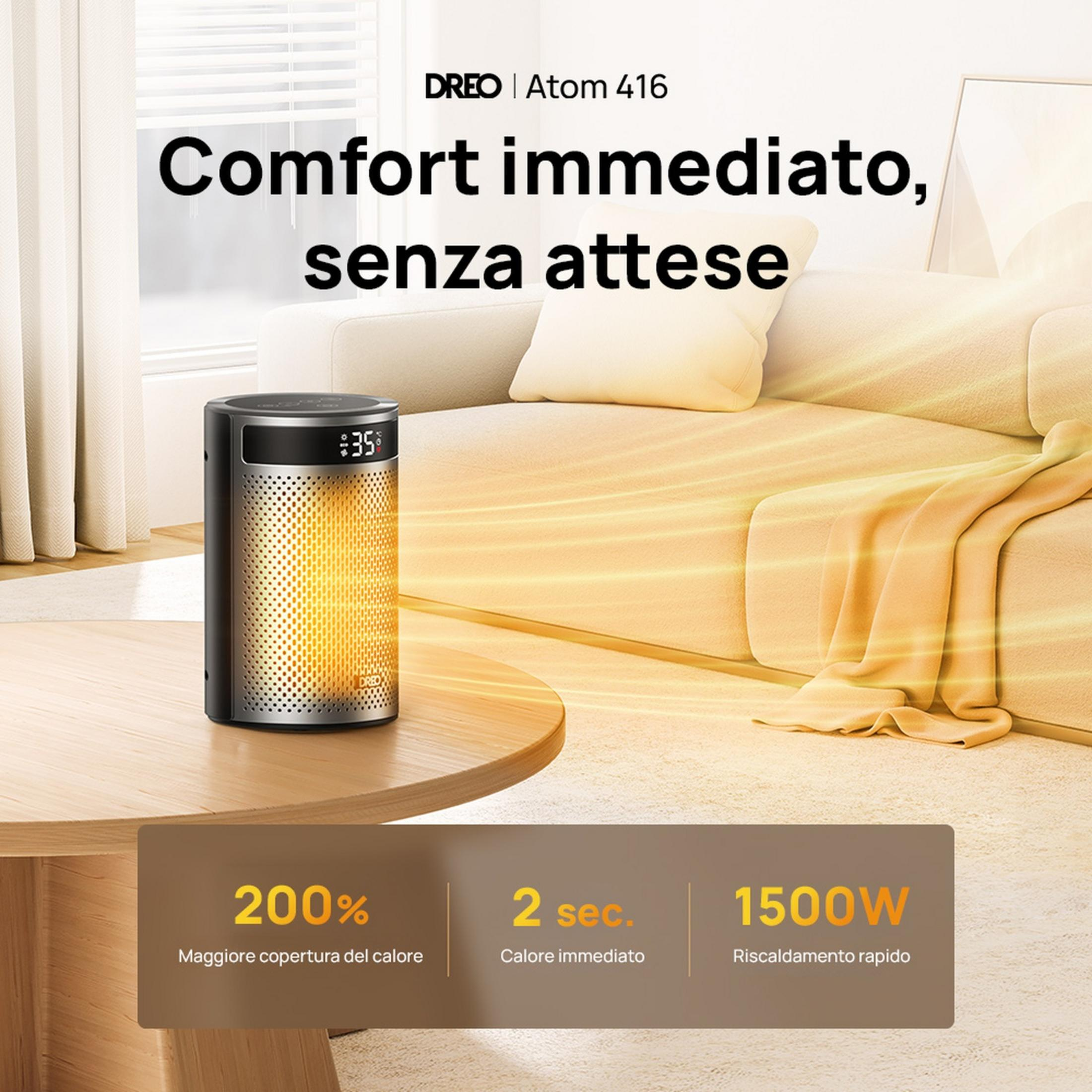Un calefactor sobre una mesa frente a un sofá. Se muestra "Comodidad inmediata".