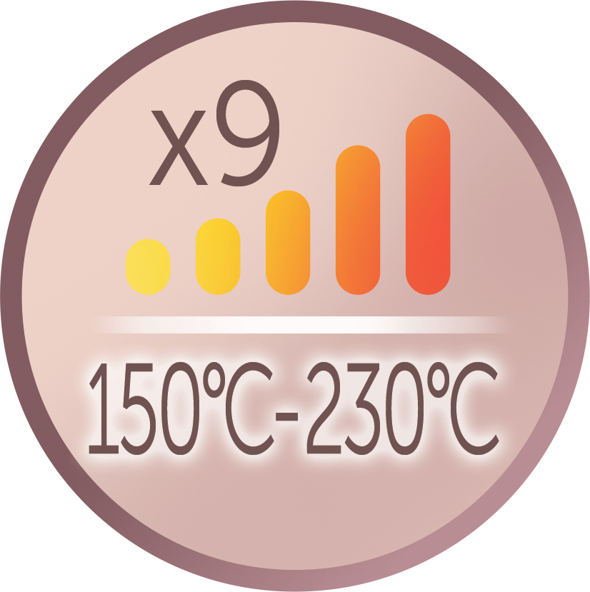 9 niveles de calor de 150°C a 230°C mostrados con barras.
