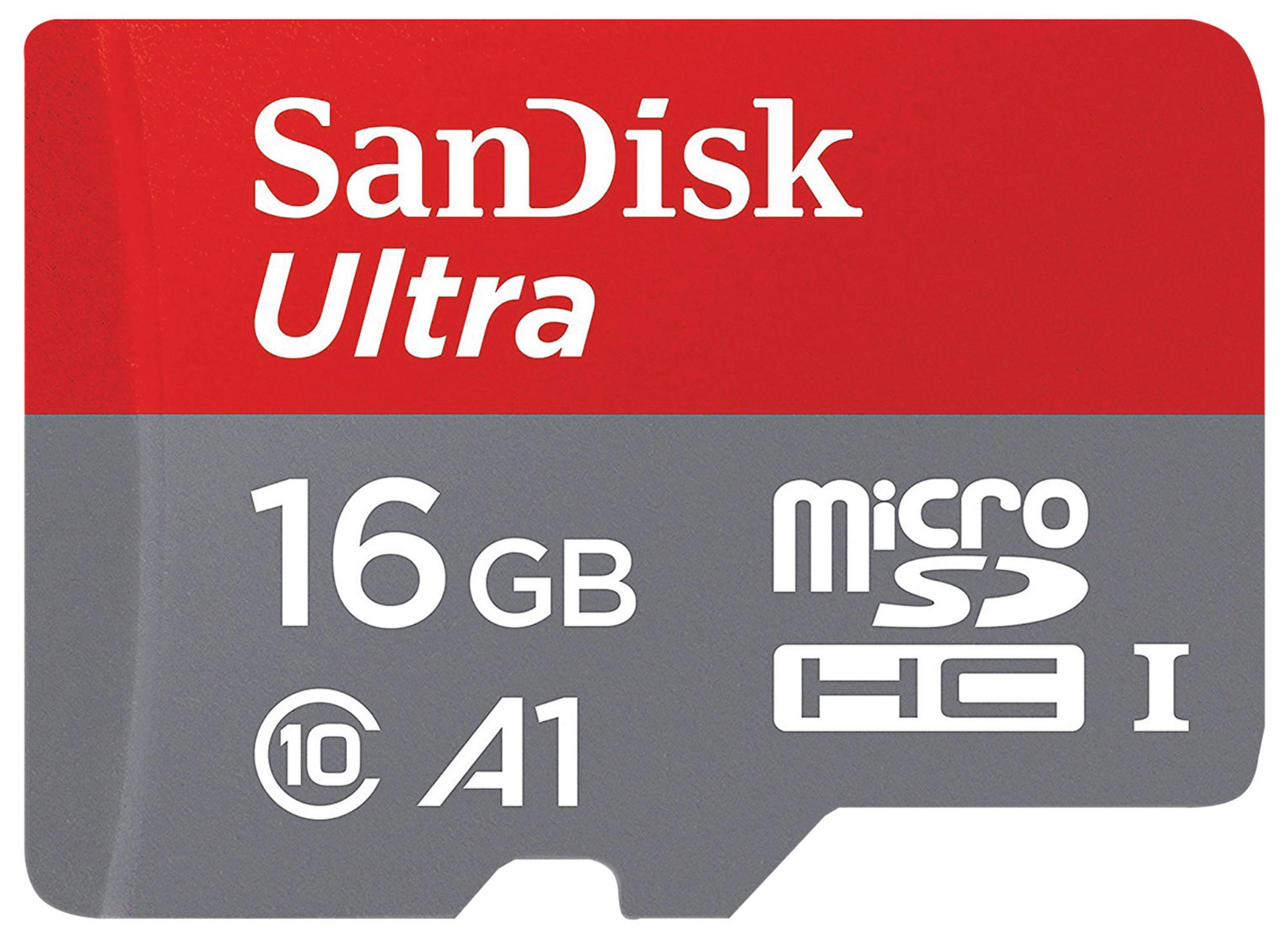 SanDisk Ultra 16GB MicroSDHC Karte mit Class 10 und A1-Kennzeichnung.