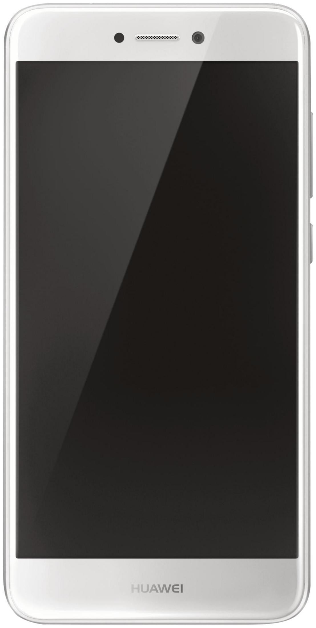 Ein weißes Huawei-Smartphone mit einem dunklen Bildschirm und dem Huawei-Logo unten.