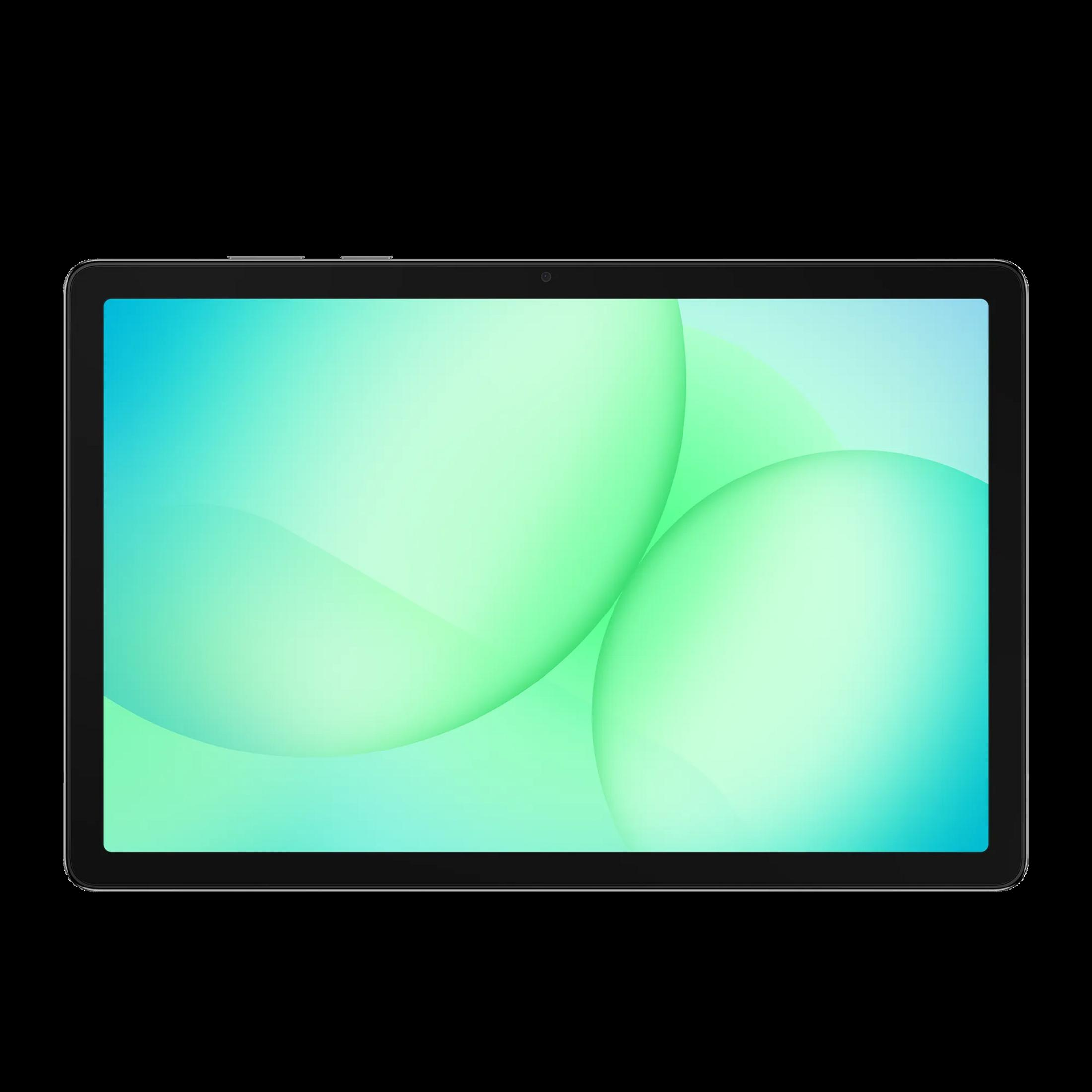 Une tablette noire avec un écran lumineux affichant des cercles abstraits verts et bleus.