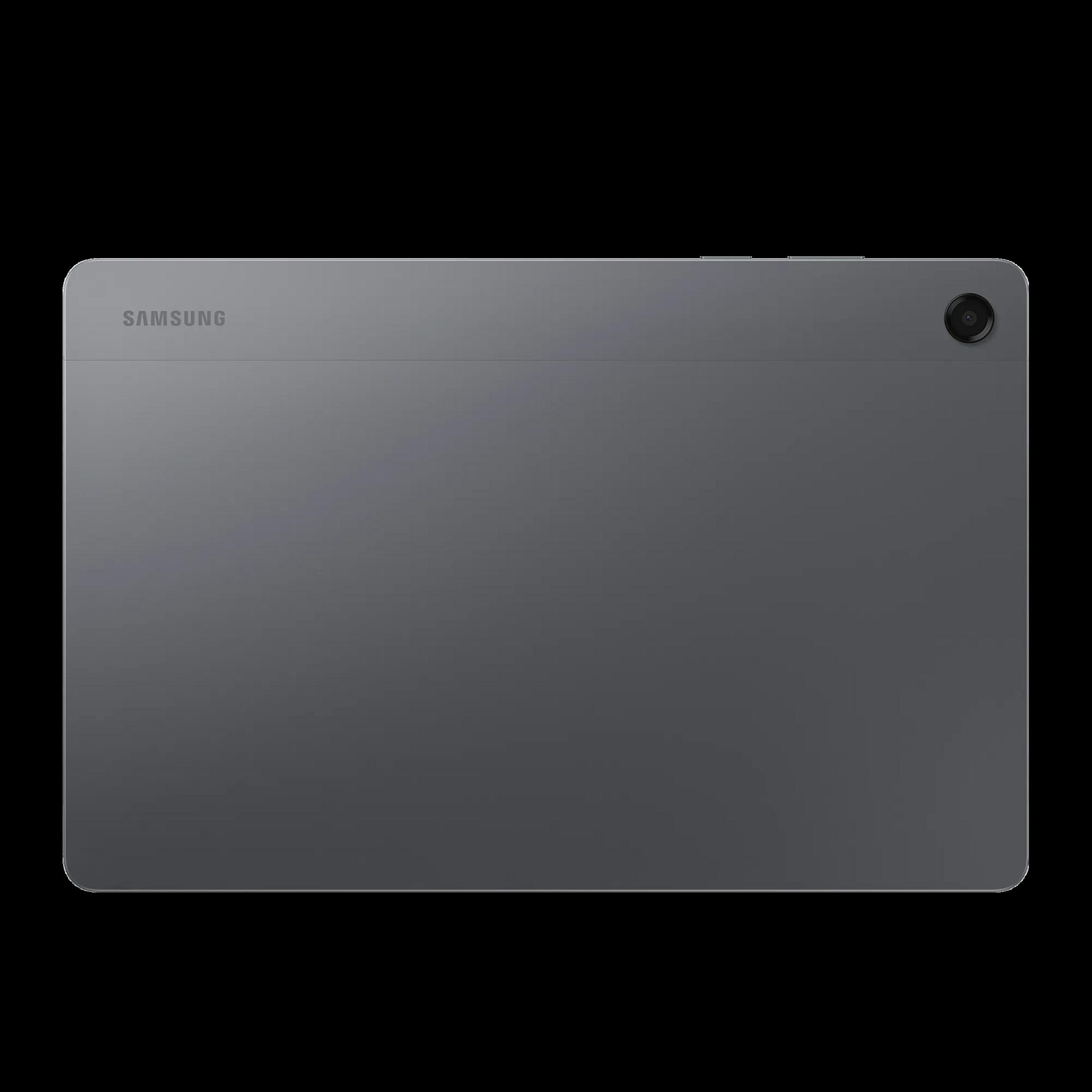 Tablette Samsung grise avec appareil photo au dos.