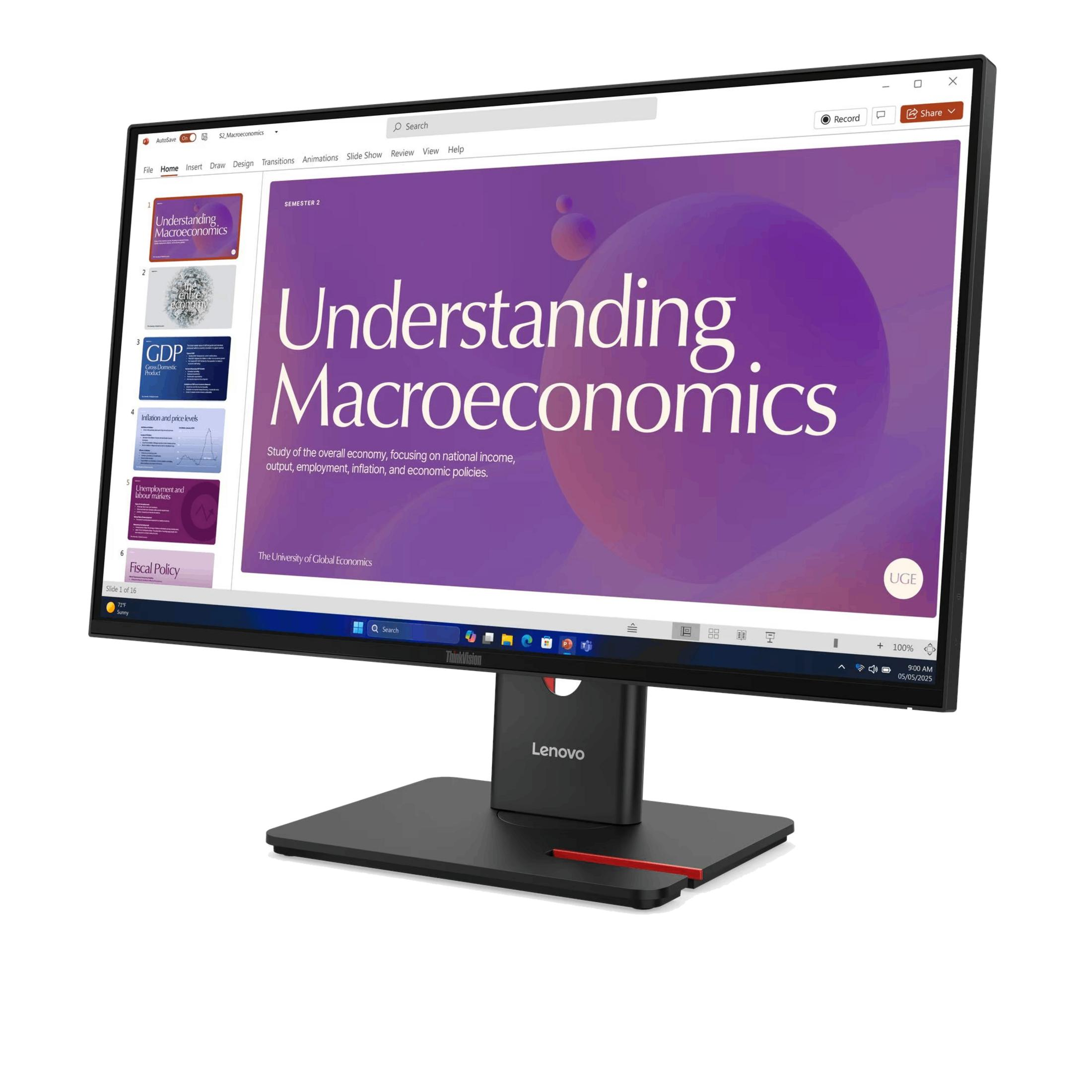 Ein Lenovo ThinkVision Monitor zeigt eine Präsentation über Makroökonomie.