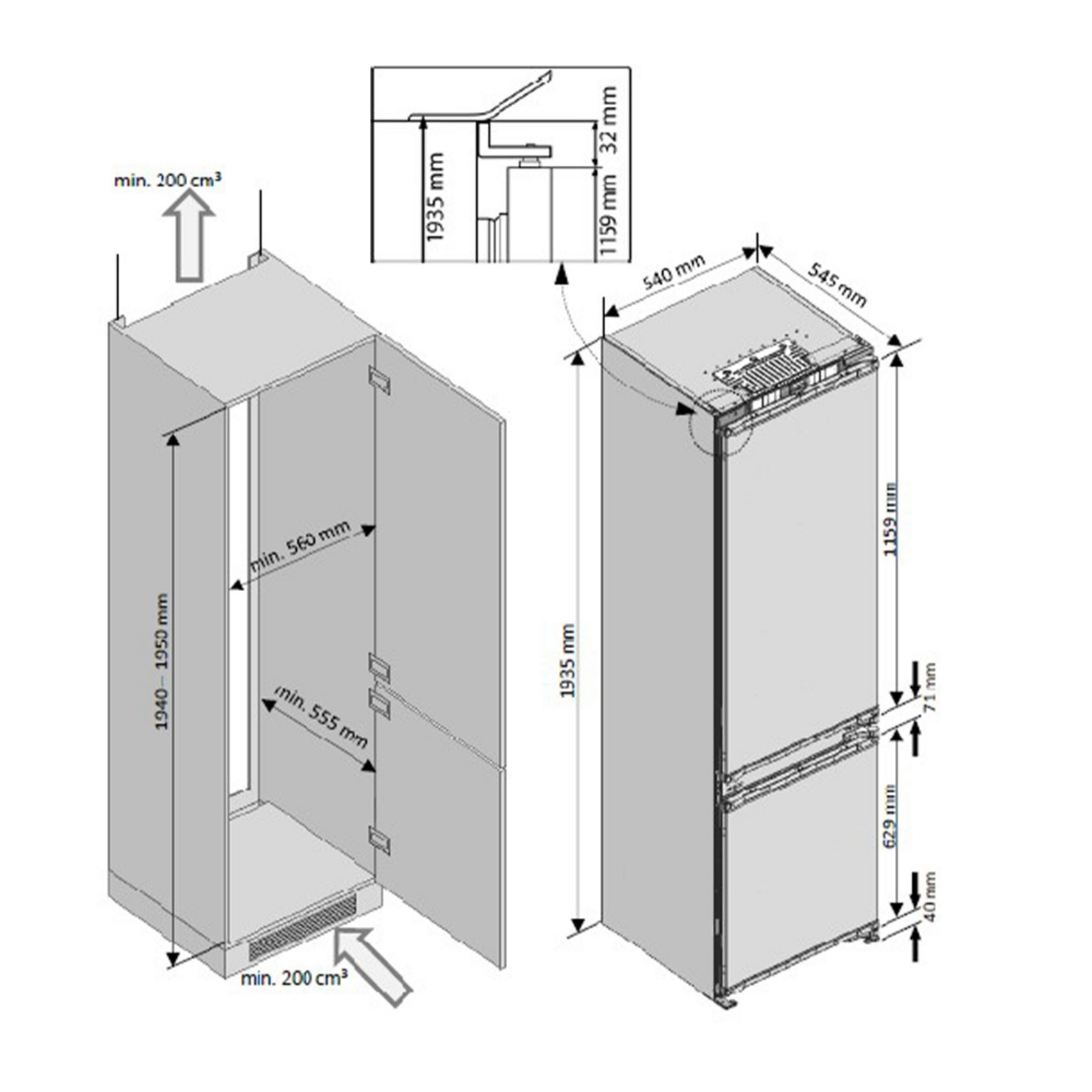 Disegno tecnico di un frigorifero con dimensioni e specifiche di ventilazione.