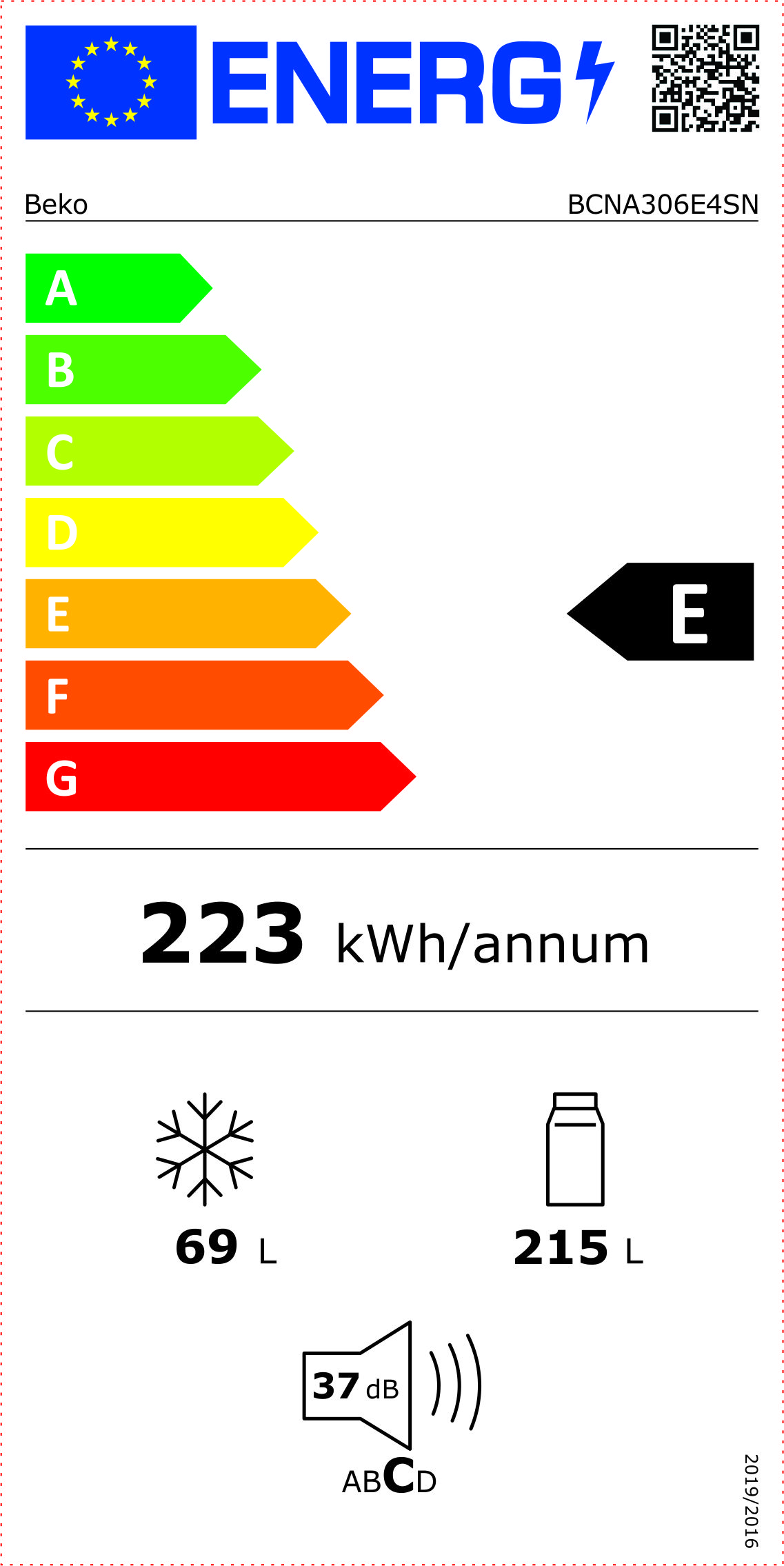 Etichetta efficienza energetica: Beko, classe E, 223 kWh/anno. Capacità freezer 69L, frigo 215L, rumore 37dB.